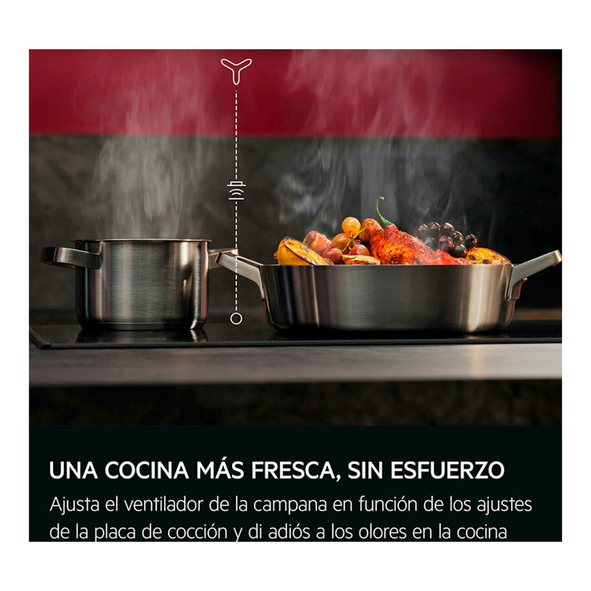 AEG GI87D91CB campana decorativa negra mate; ollas con vapor sobre una placa de cocina.