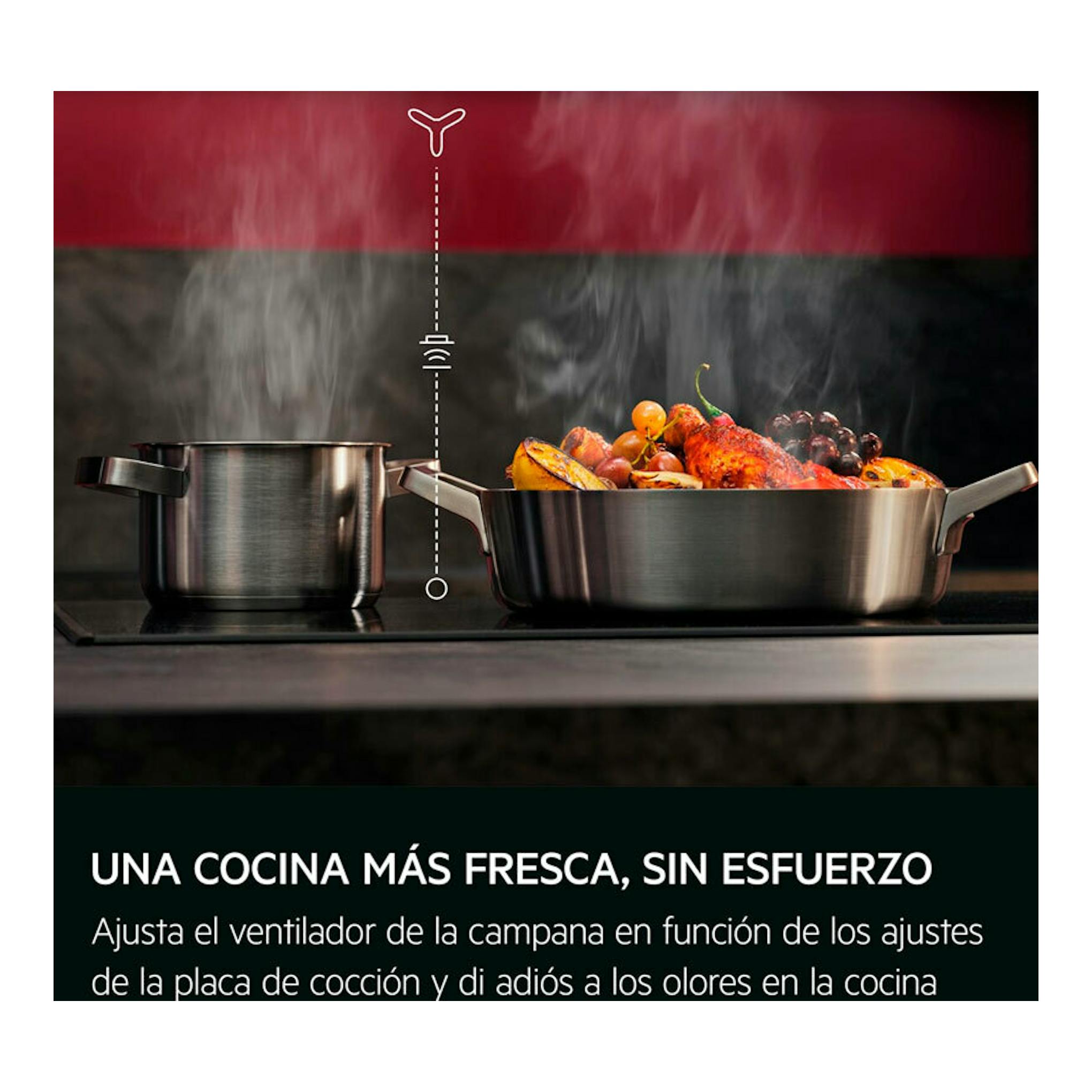 AEG GI87D91CB campana decorativa negra mate; ollas con vapor sobre una placa de cocina.