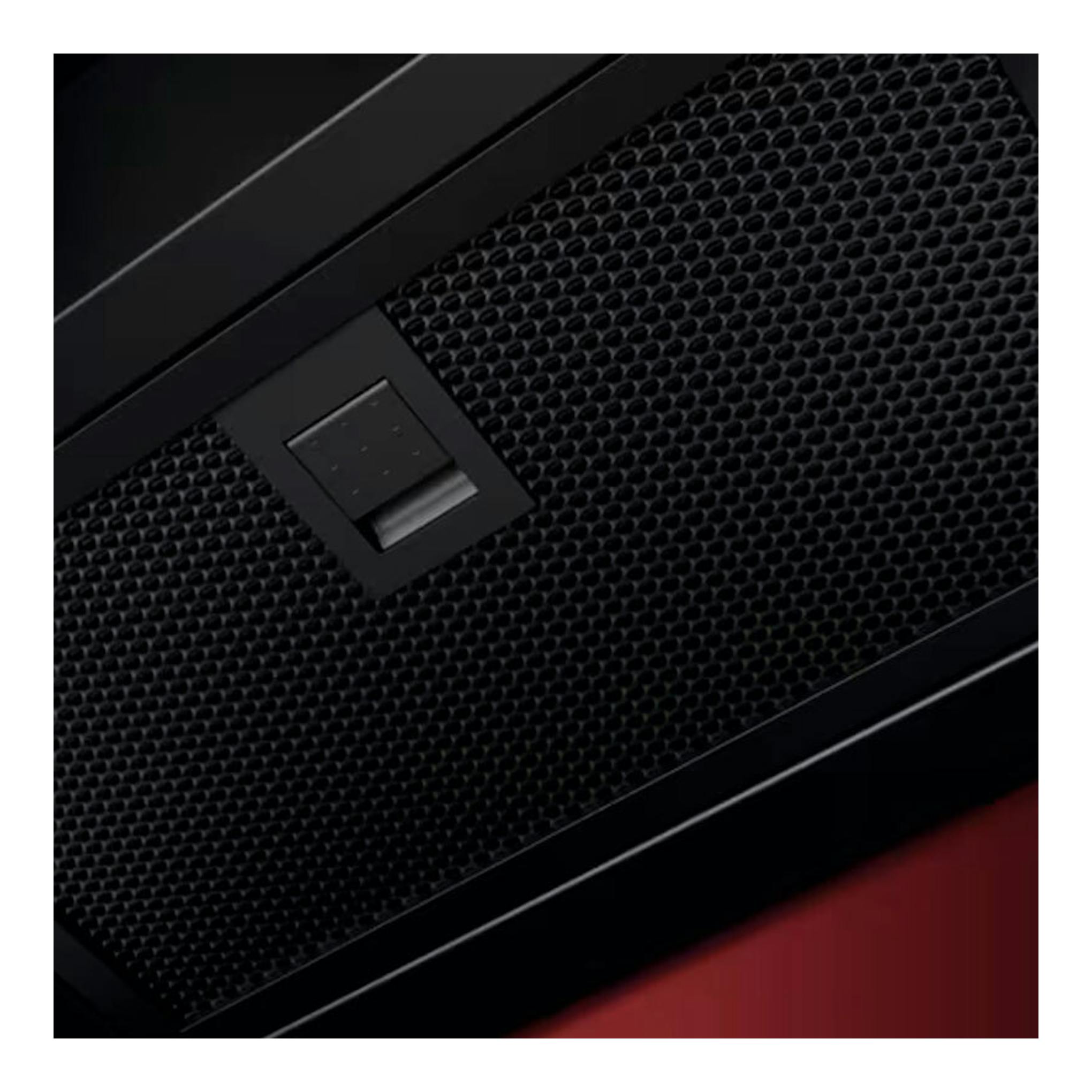Campana decorativa AEG GV77D61SZ negra mate, vista frontal en primer plano con rejilla y botón central.
