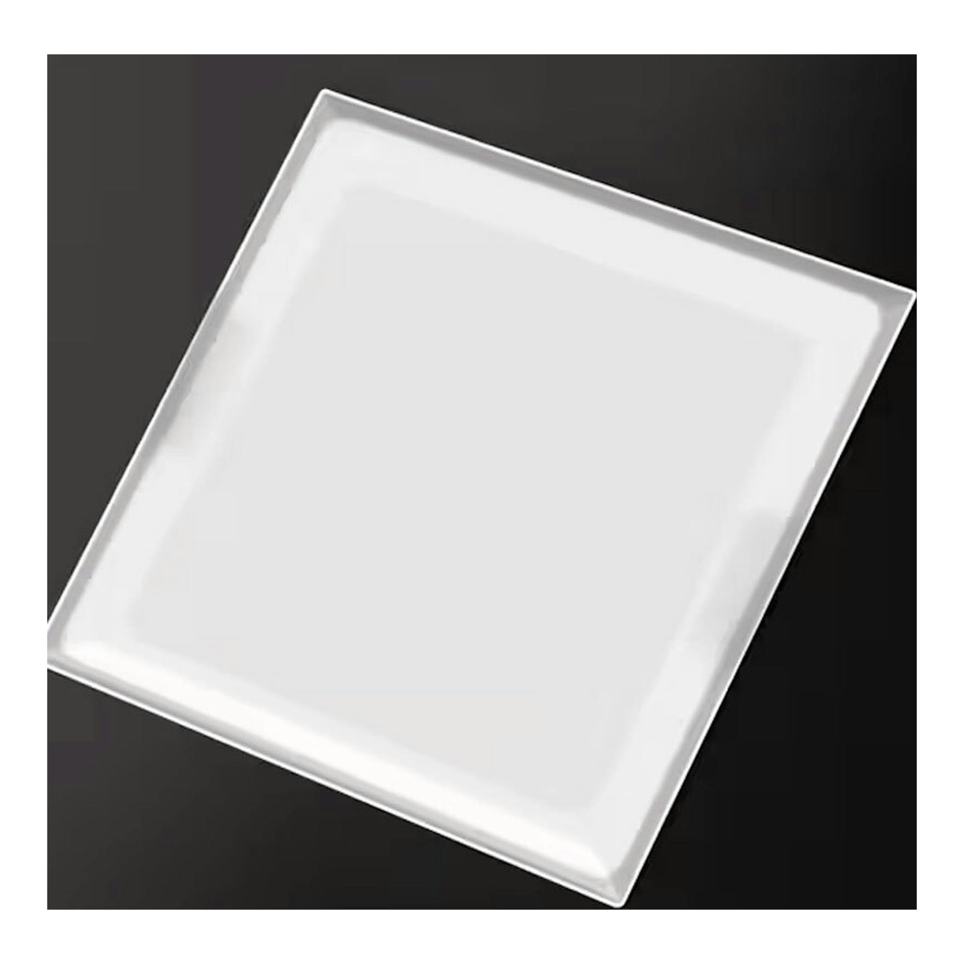 Campana decorativa AEG GV77D61SZ, vista frontal en ángulo, panel cuadrado blanco sobre fondo oscuro.