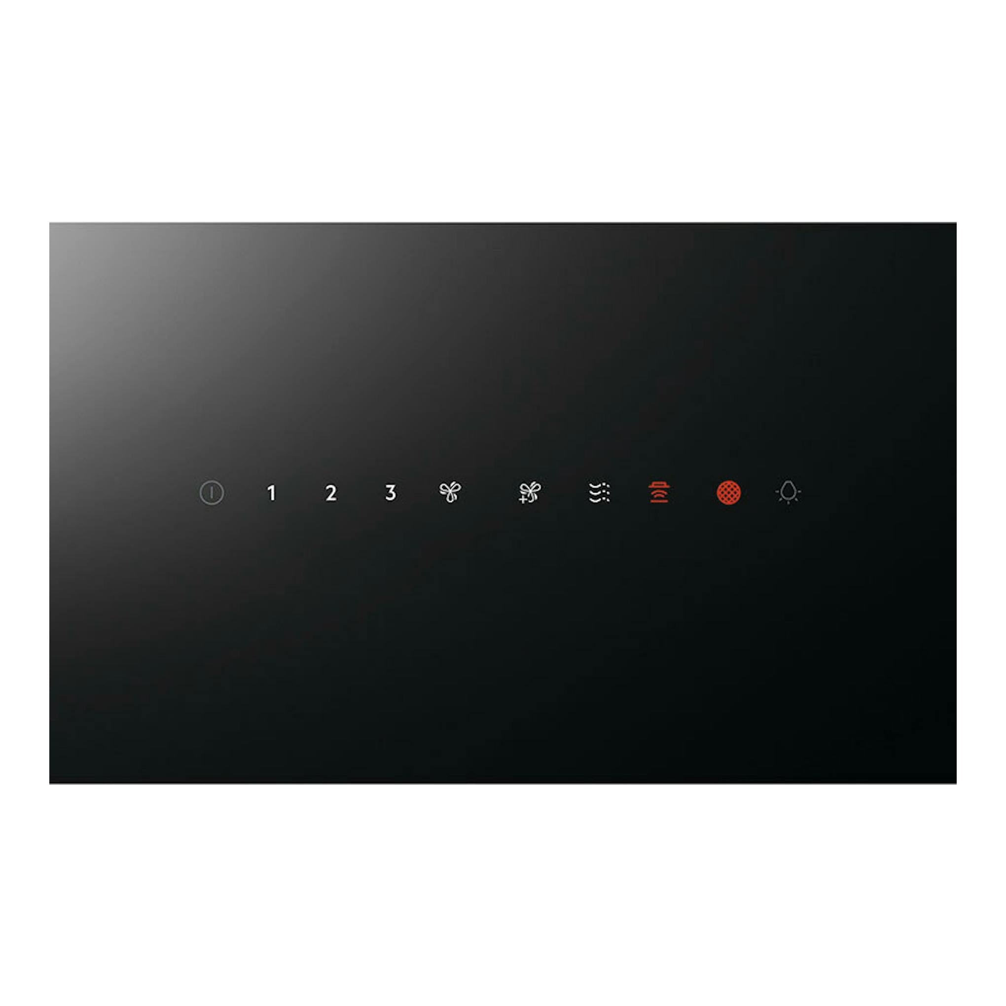 Campana decorativa AEG GV77D91SB de cristal negro, vista frontal del panel táctil con iconos de control.