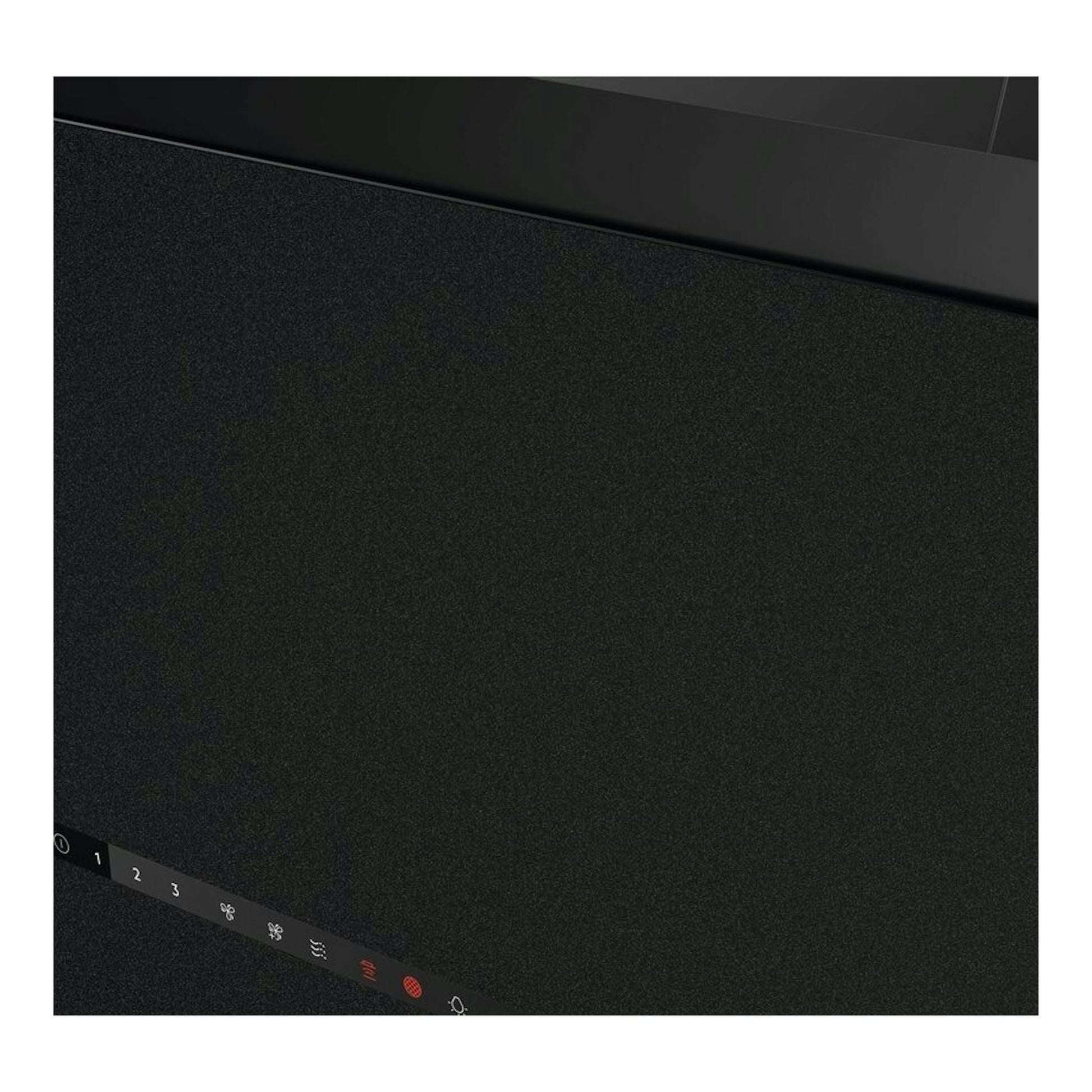 Campana decorativa AEG GV77D91SZ negra, vista frontal en detalle con panel de control iluminado.