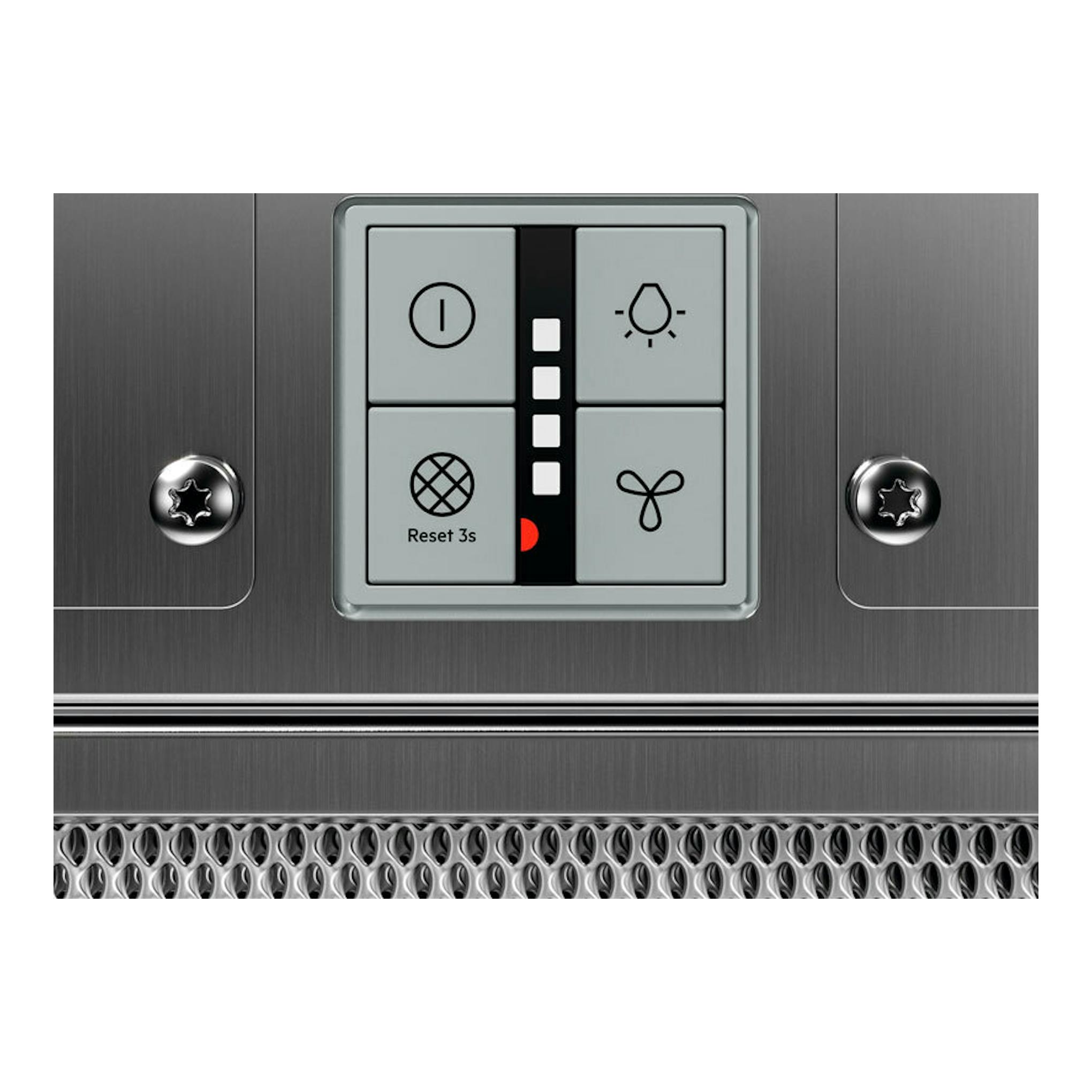 Campana extractora AEG NDC7792SM en inox, detalle frontal del panel de control y botones.