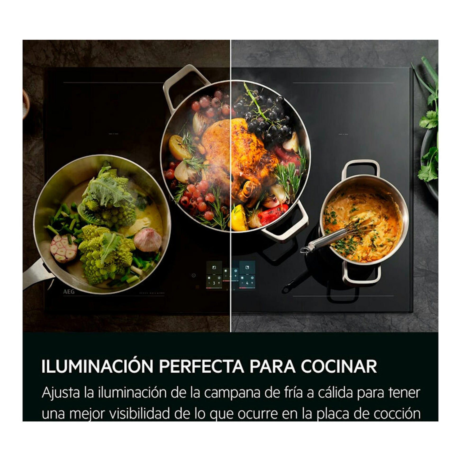 Campana decorativa AEG NDC7792SM inox 90 cm, en imagen promocional con placa de cocción y comparación de iluminación.