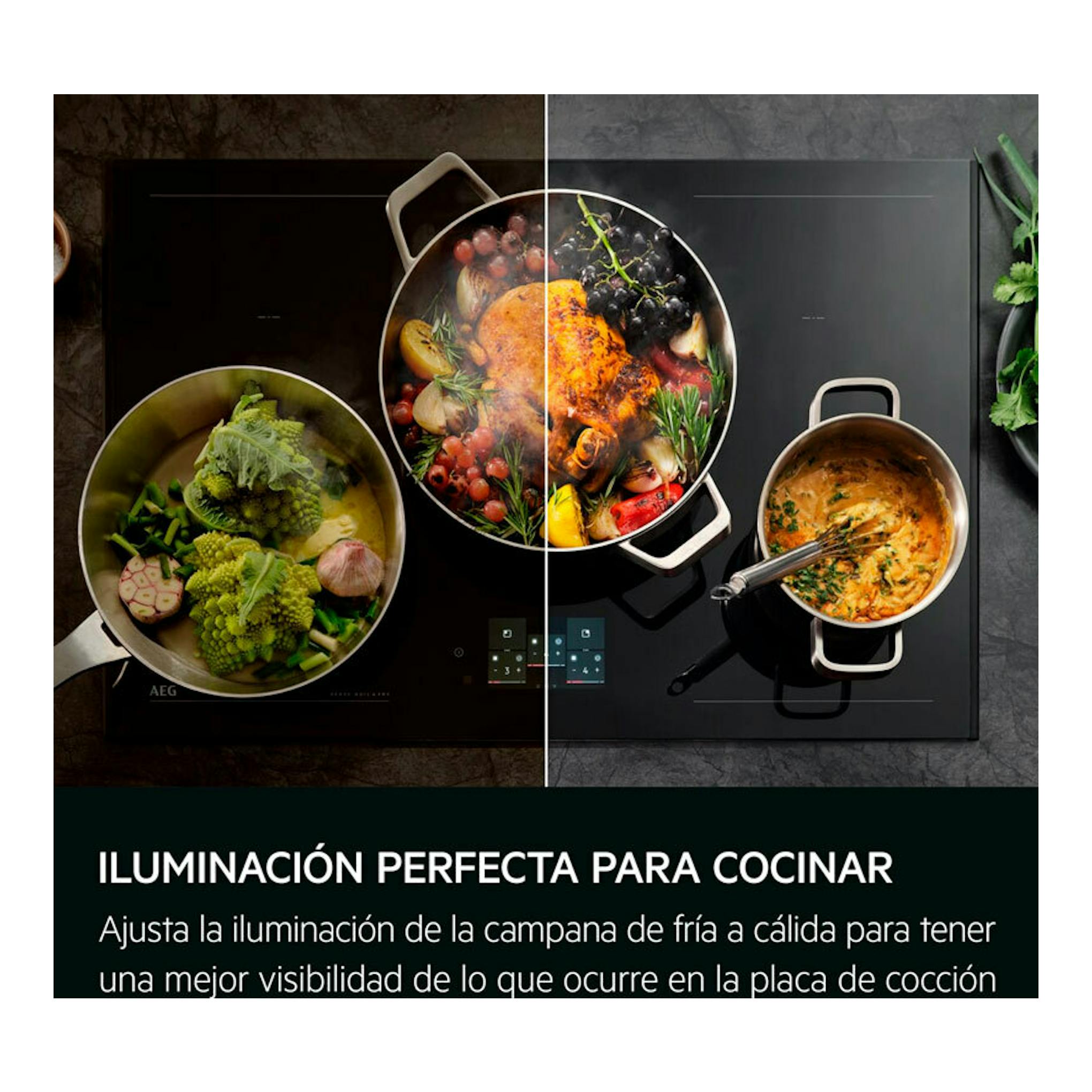 Campana decorativa AEG NDC7792SM inox 90 cm, en imagen promocional con placa de cocción y comparación de iluminación.