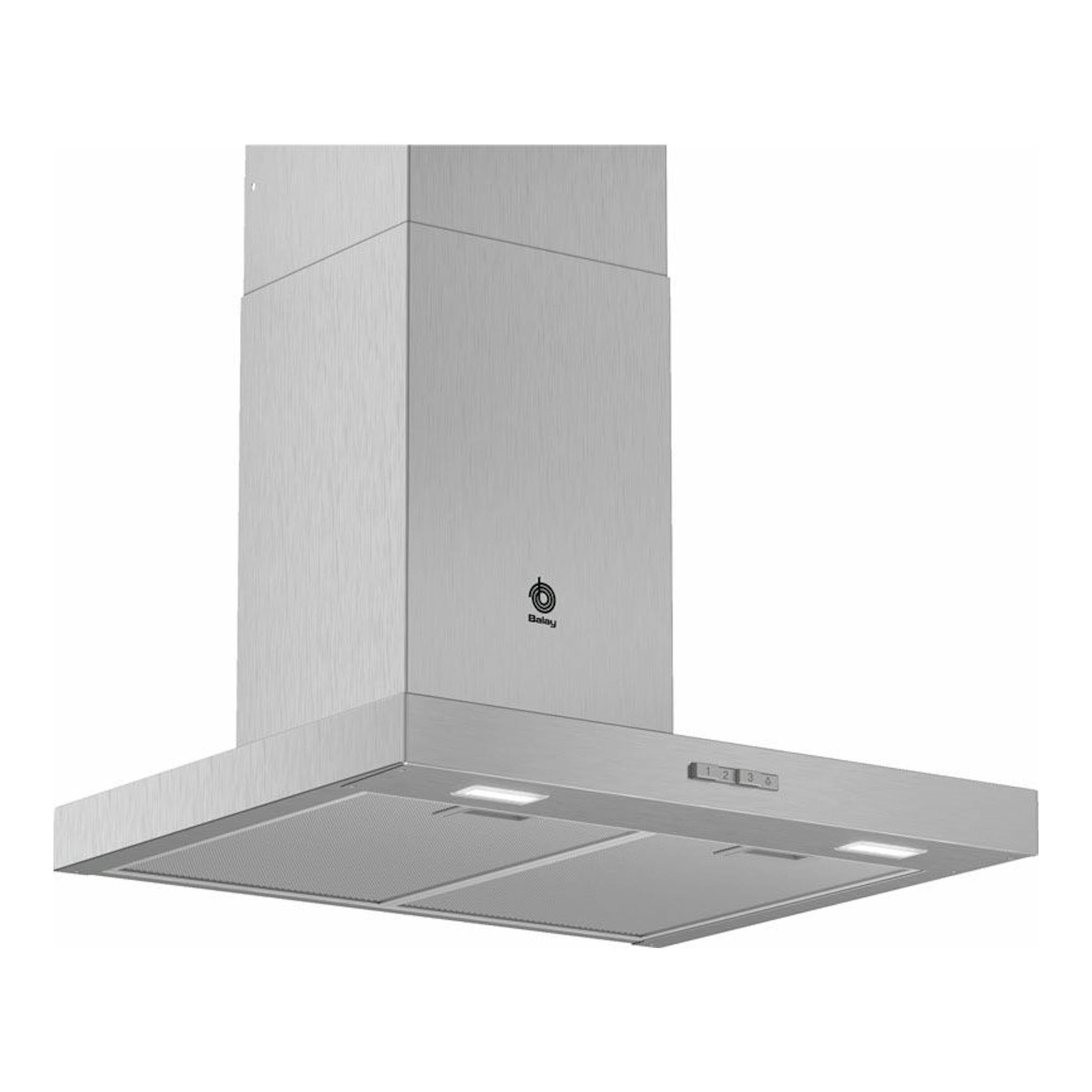 Campana decorativa Balay 3BC066MX en inox, vista frontal en ángulo, con panel y luces integradas.