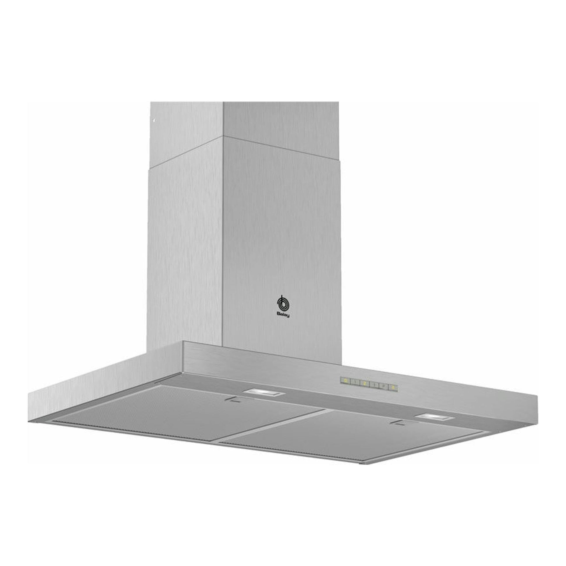 Campana decorativa Balay 3BC077EX en inox, vista frontal y ligeramente inferior.