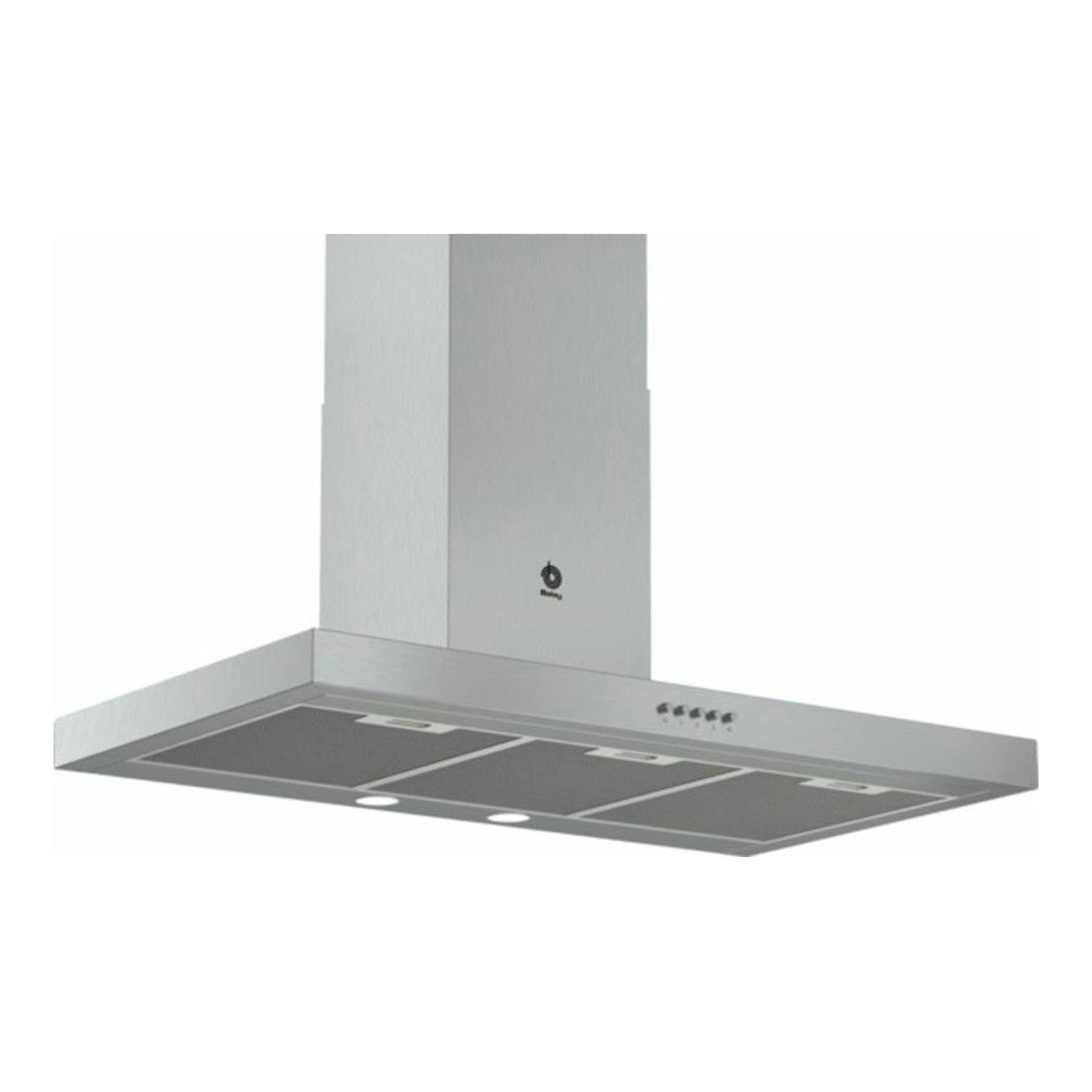 Campana decorativa Balay 3BC095MX inox, vista frontal en perspectiva, con filtros metálicos.