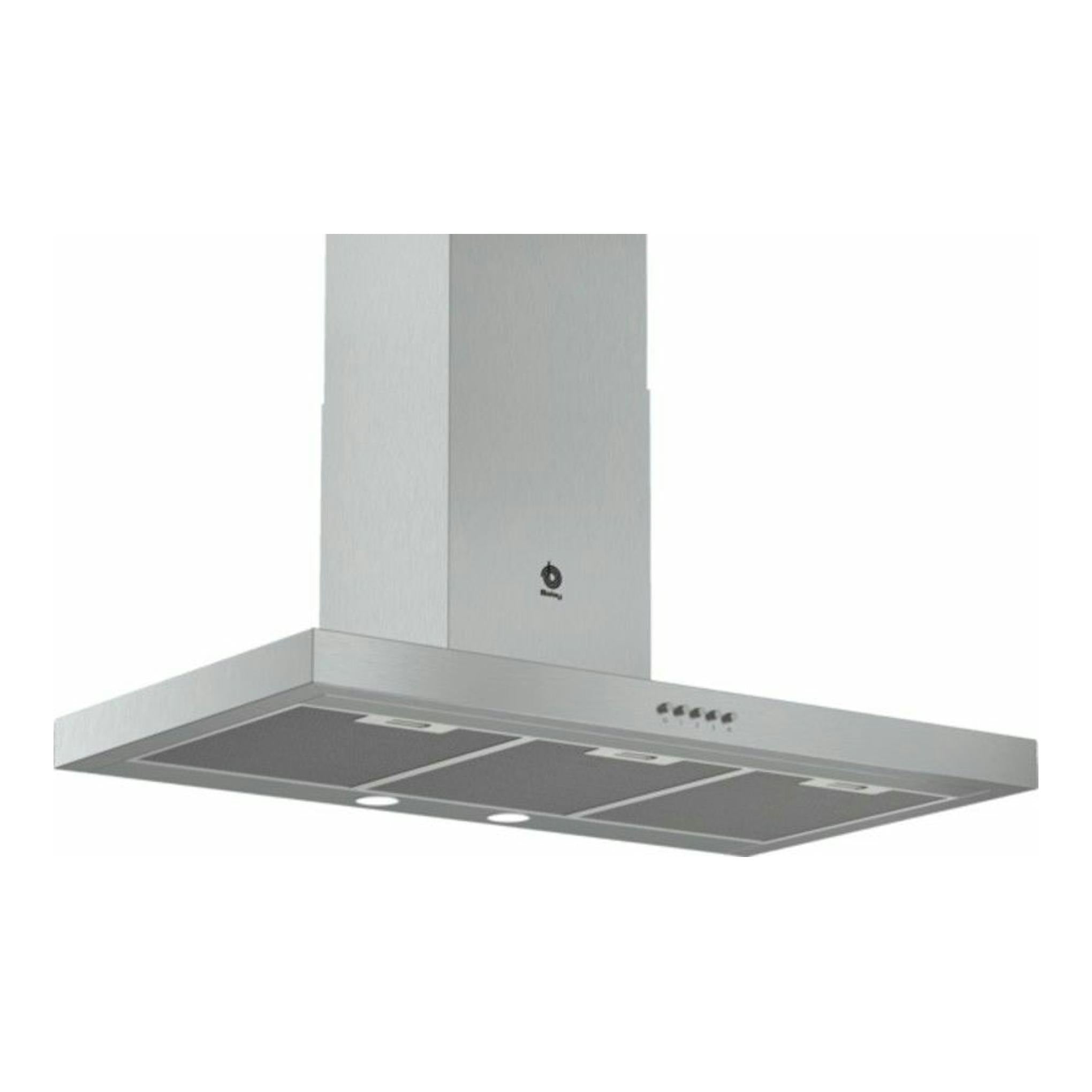 Campana decorativa Balay 3BC095MX inox, vista frontal en perspectiva, con filtros metálicos.