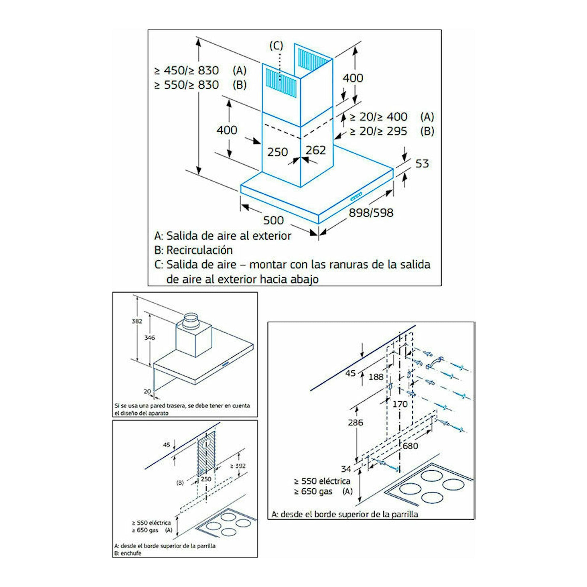 Esquema técnico de instalación de la campana decorativa Balay 3BC095MX Inox, con vistas y cotas.
