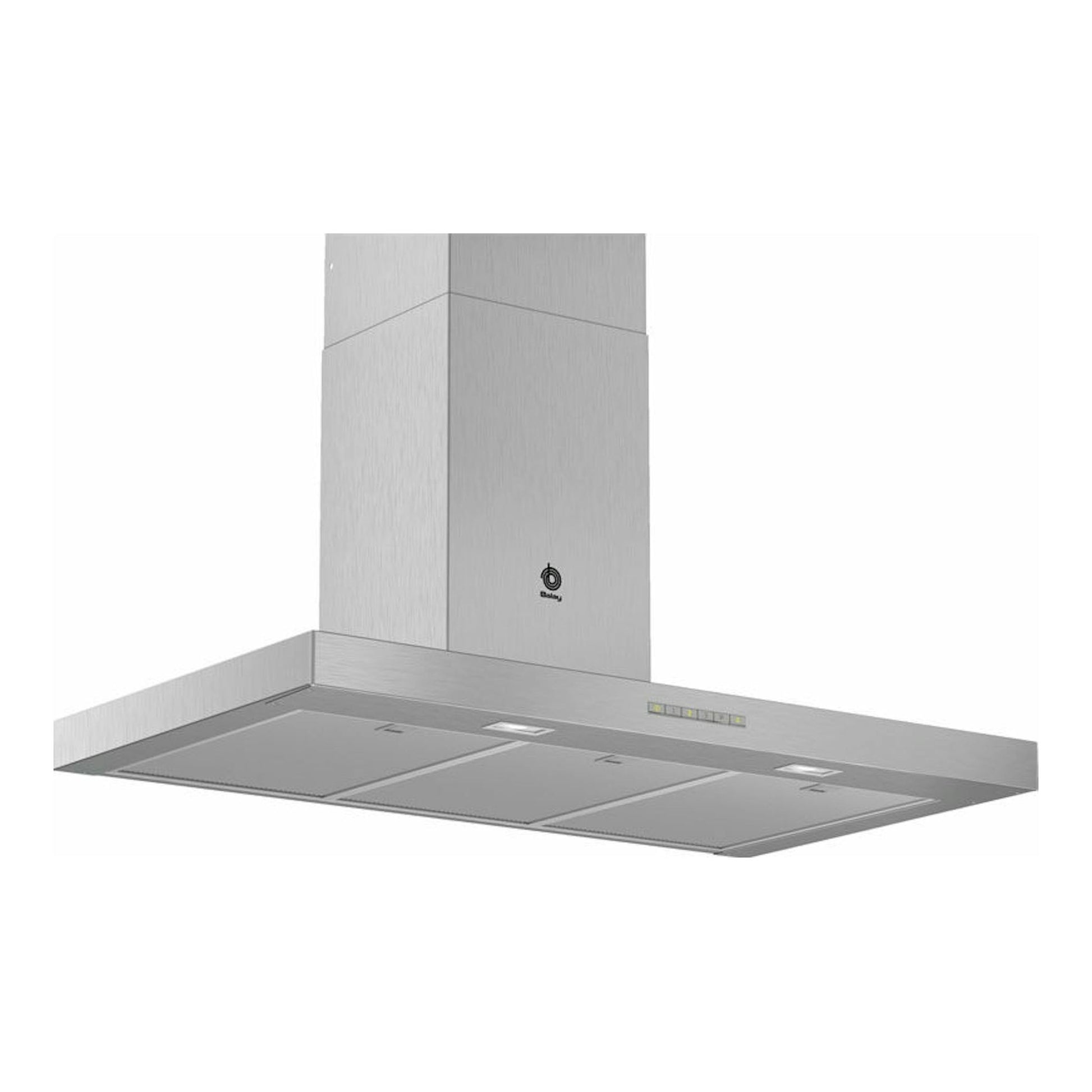 Campana decorativa Balay 3BC097EX inox, vista frontal en perspectiva, acabado acero inoxidable.