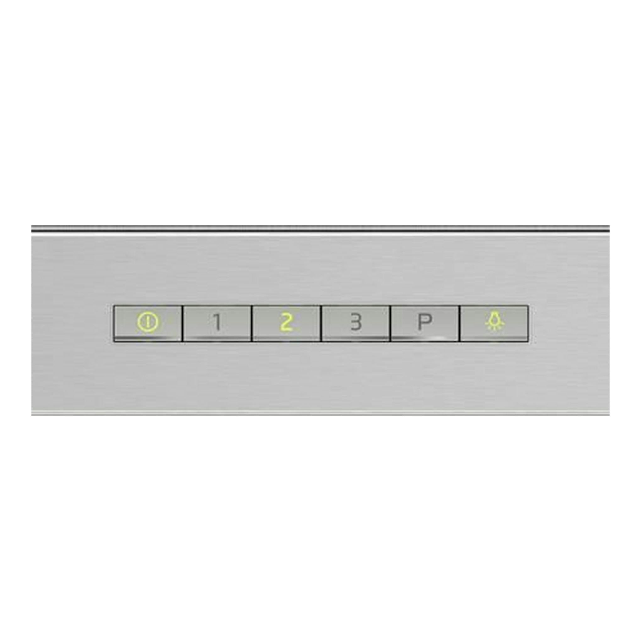 Campana Balay 3BC097EX inox, primer plano del panel de mandos con botones 0,1,2,3,P y luz iluminados.