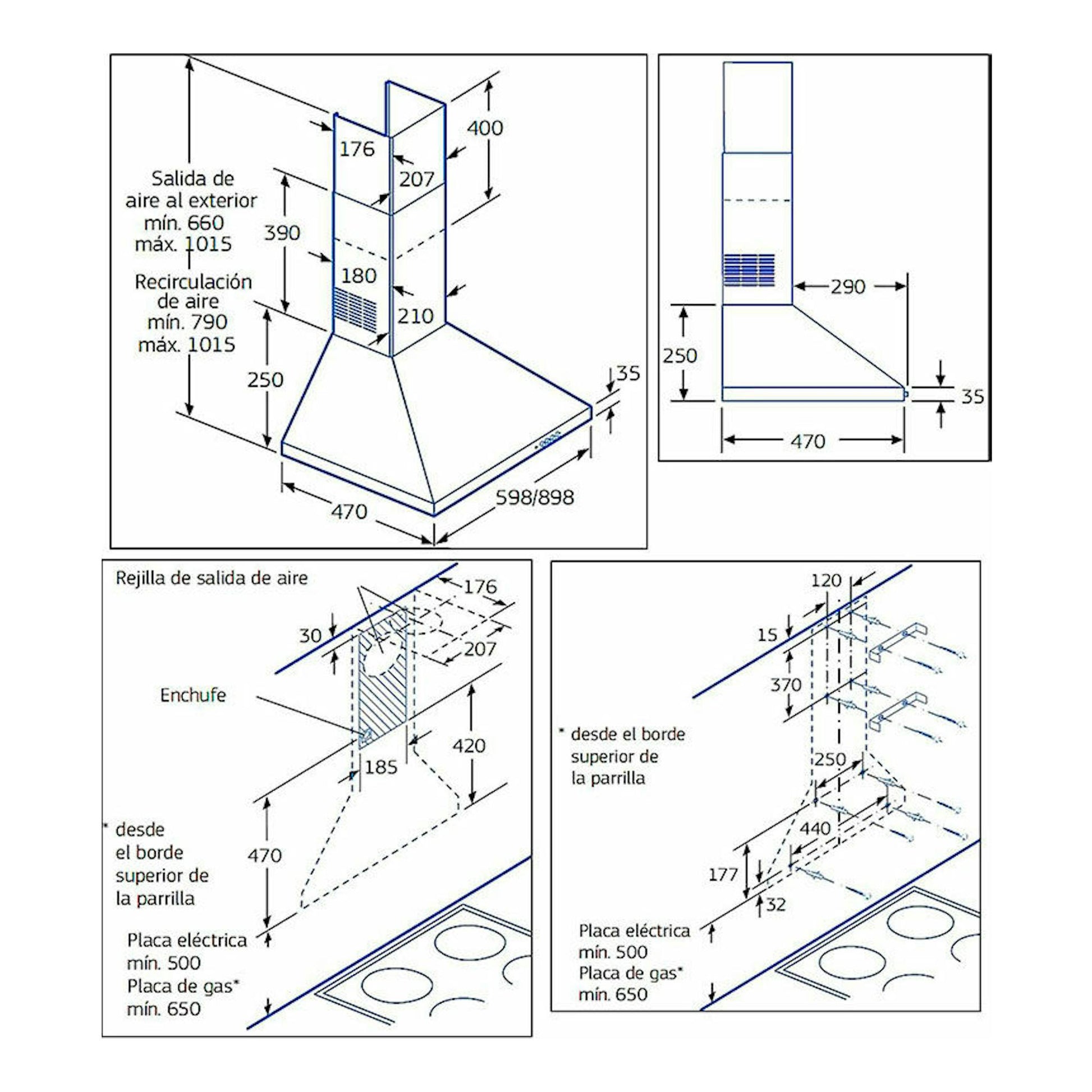 Balay 3BC663MX inox, esquema técnico de campana decorativa en vista isométrica y lateral.