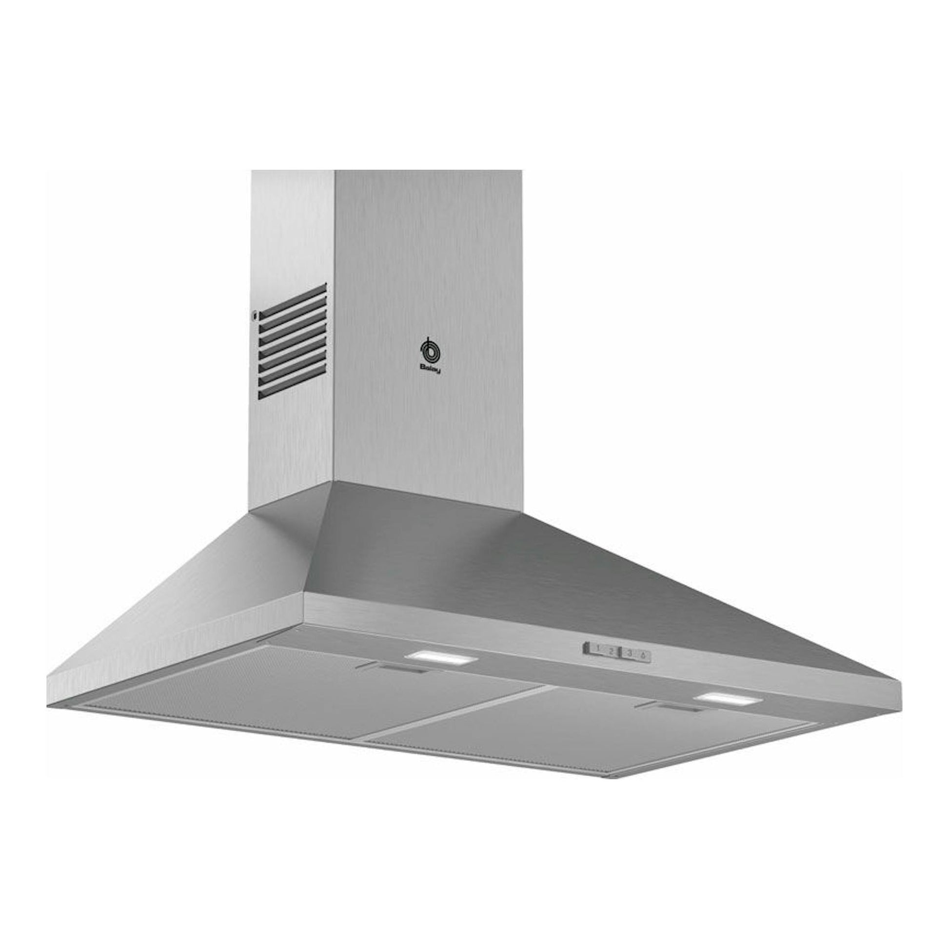 Campana decorativa Balay 3BC676MX en acero inox, vista frontal en ángulo con paneles y luces inferiores.