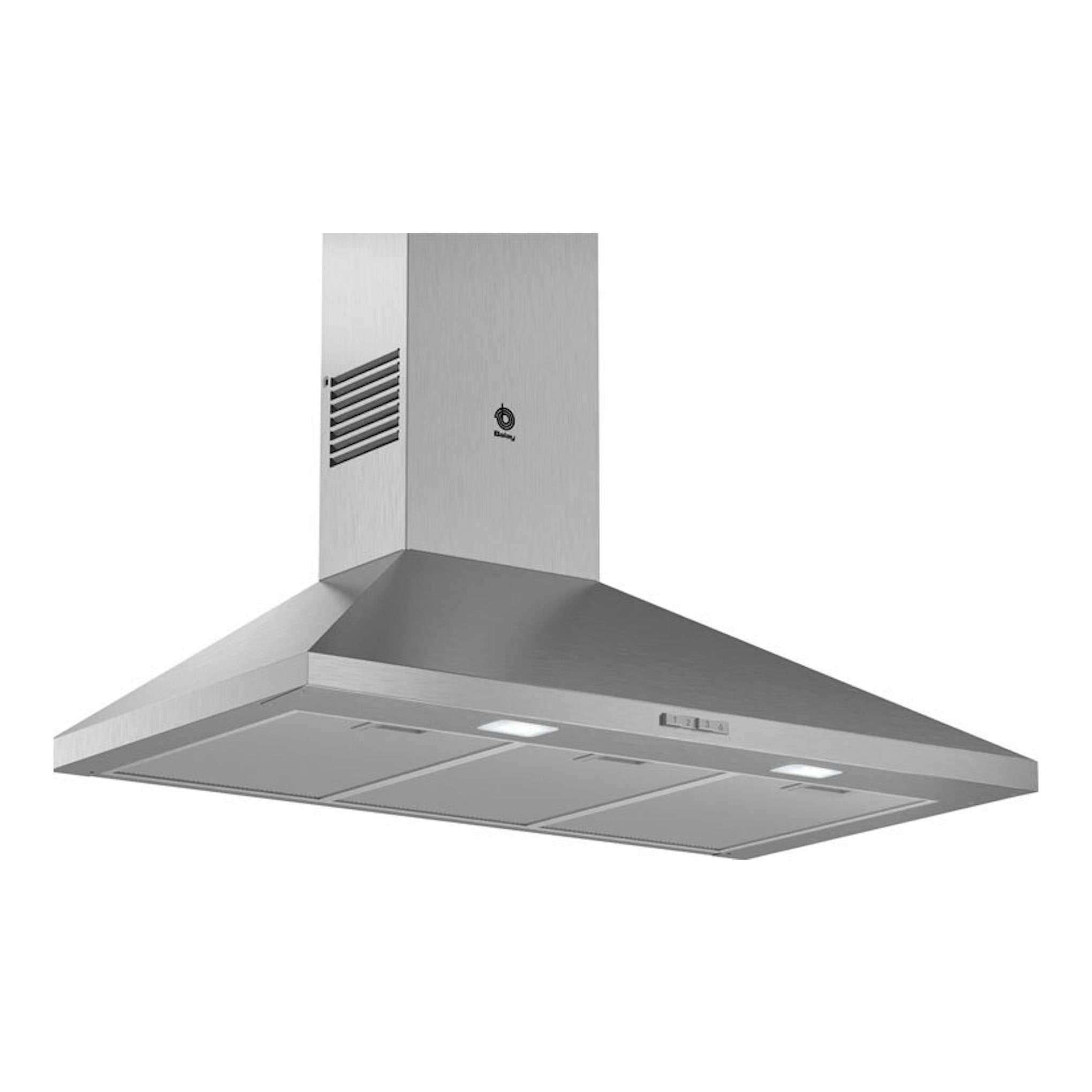 Campana decorativa Balay 3BC695MX en acero inoxidable, vista frontal e inferior.