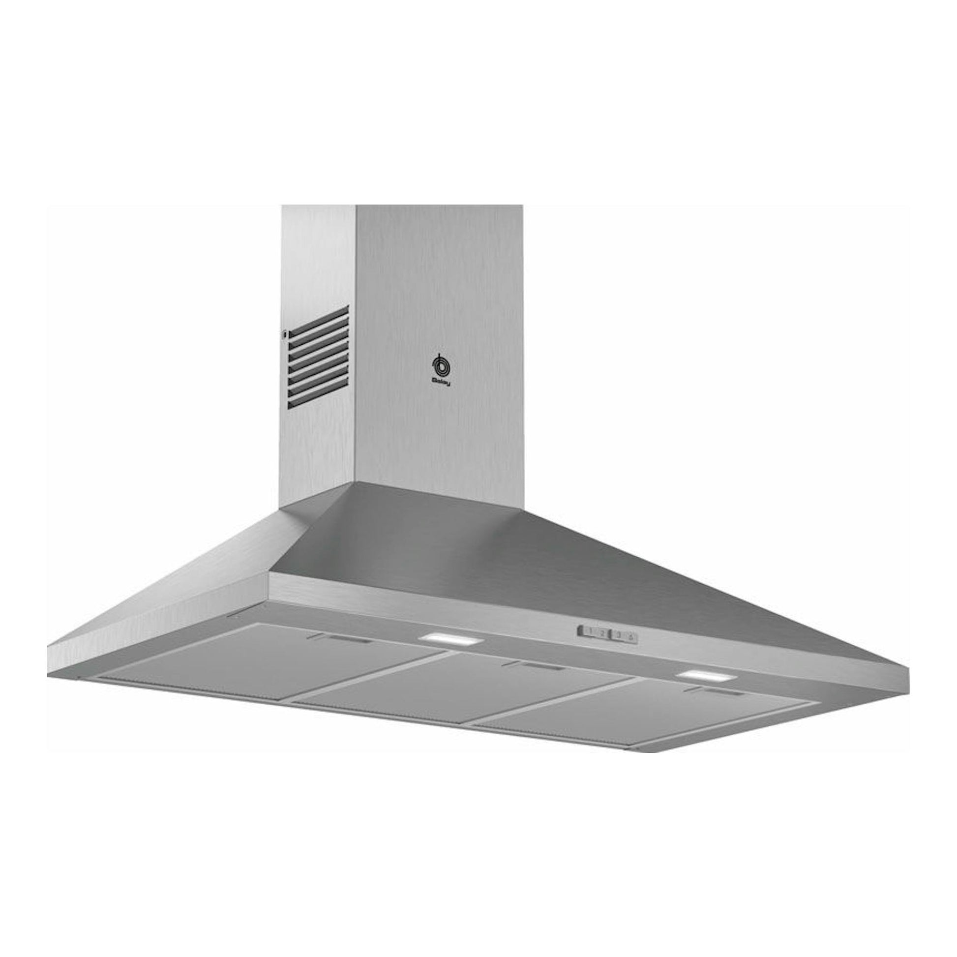 Campana decorativa Balay 3BC696MX en inox, vista frontal en ángulo, con chimenea y filtros inferiores.