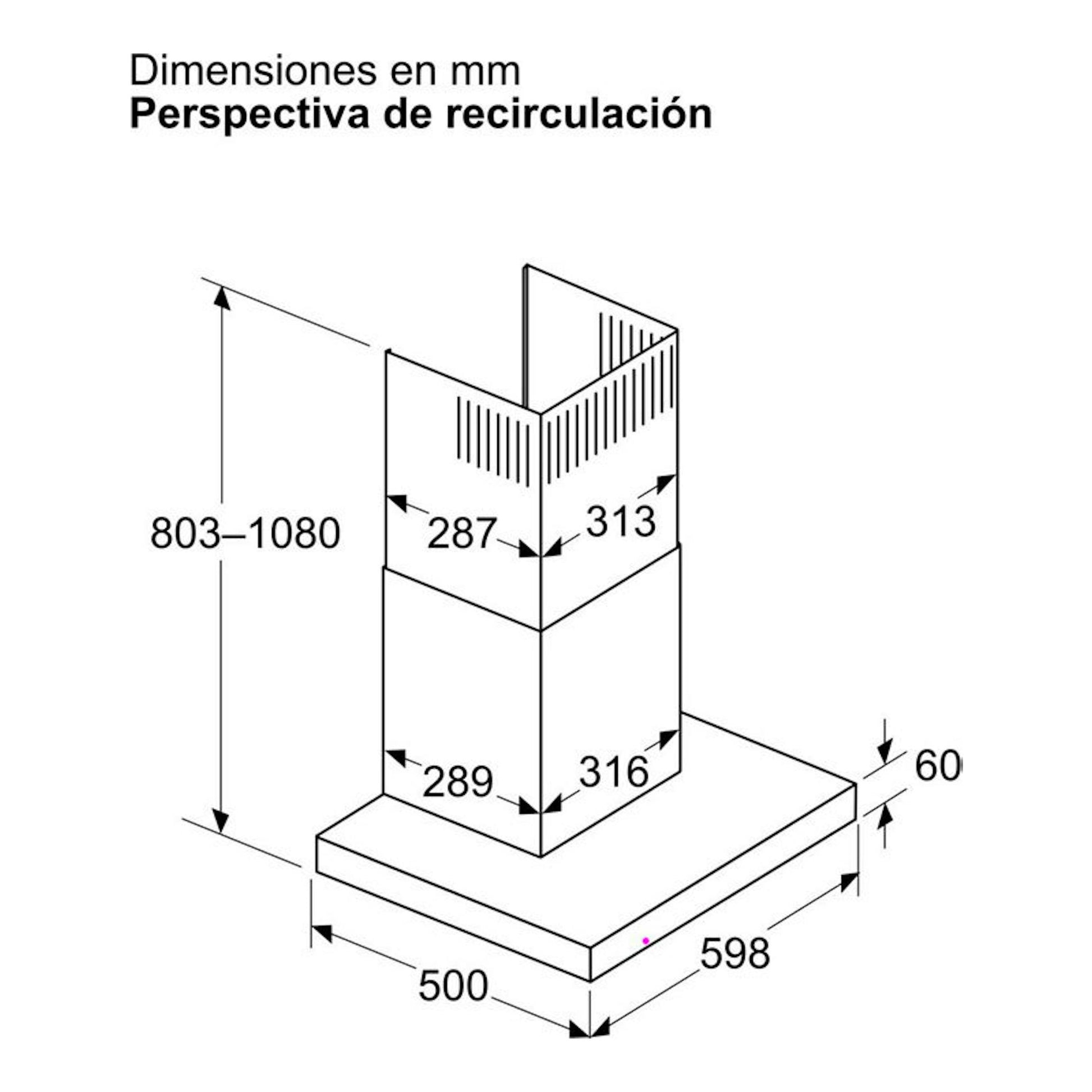 Balay 3BC865MX, campana decorativa inox 60 cm, vista de recirculación con medidas en mm.