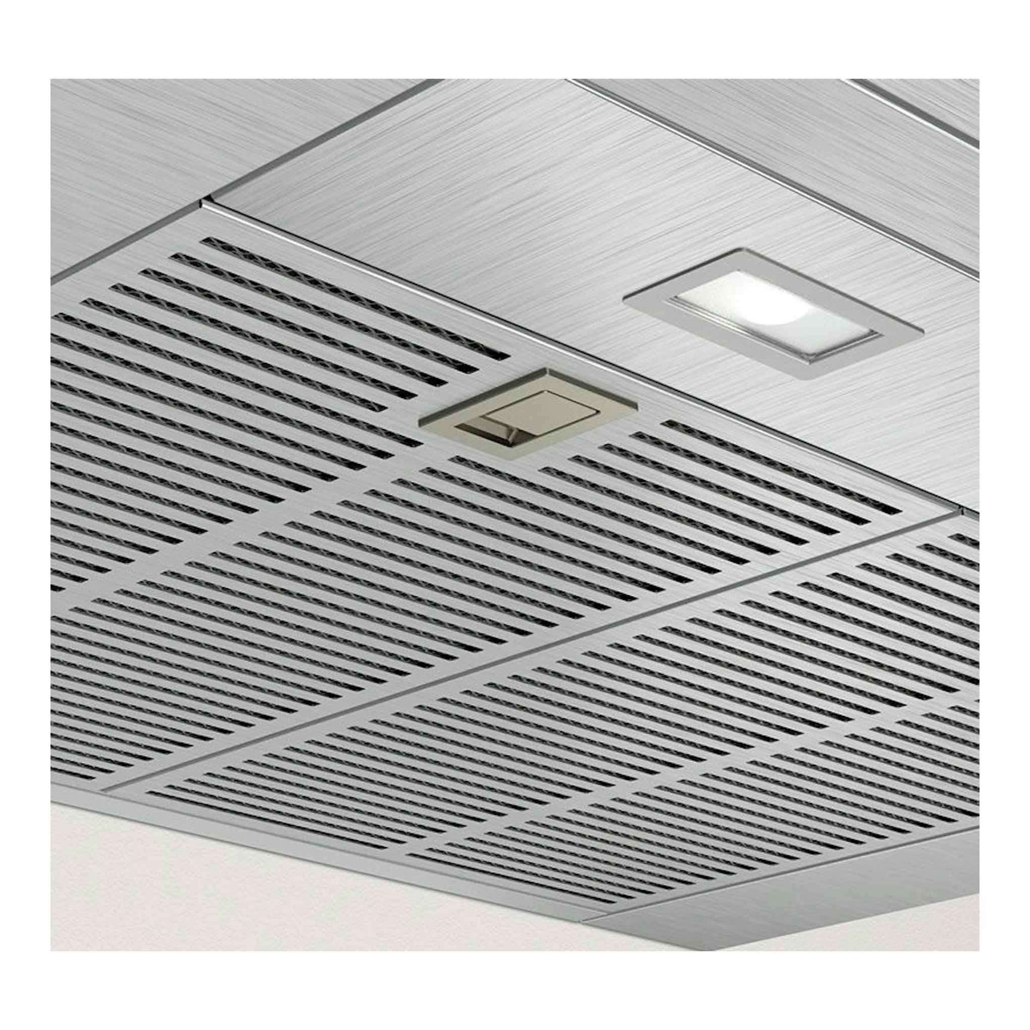 Campana decorativa Balay 3BC978HX inox, vista inferior en acero inoxidable con rejillas y luz empotrada.