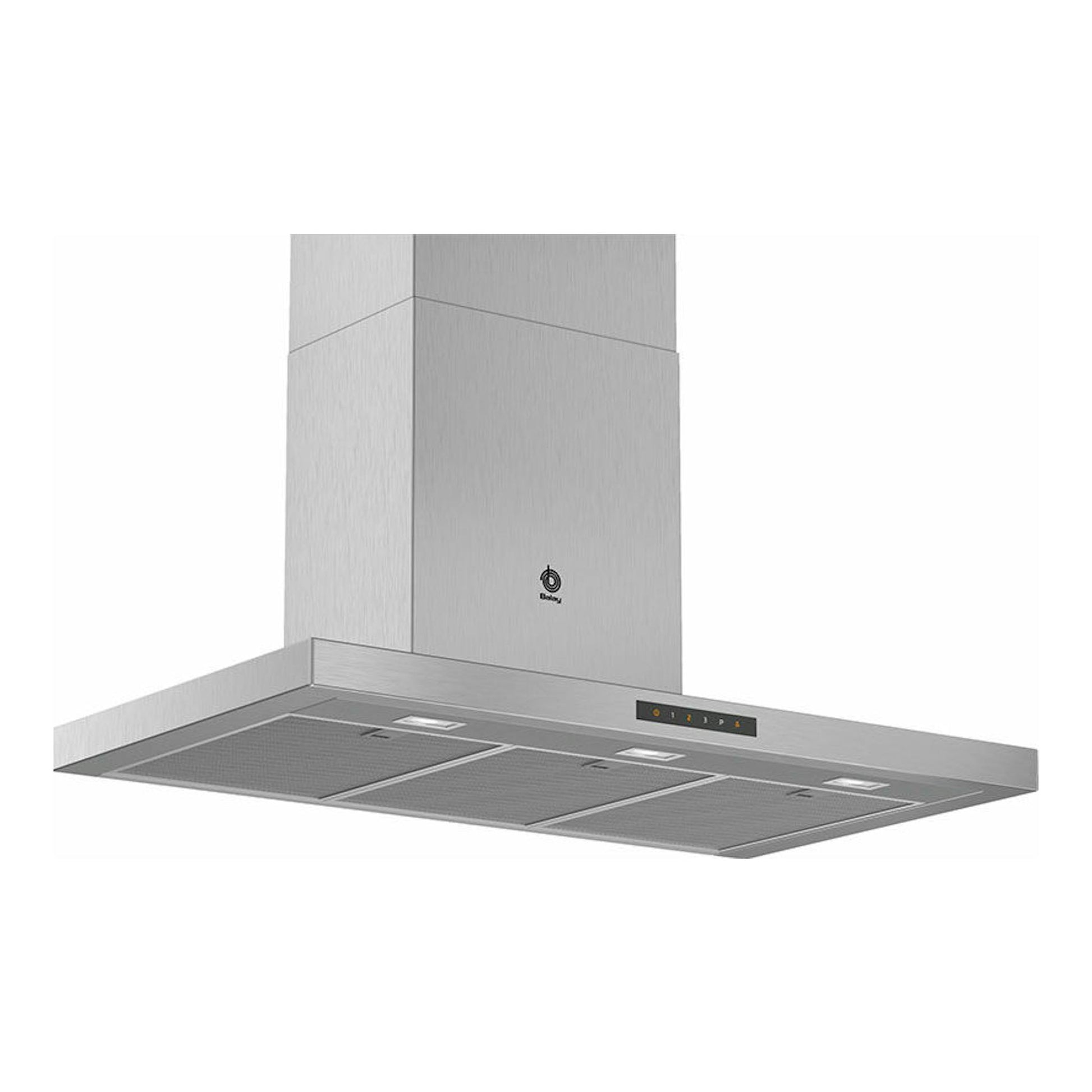 Campana decorativa Balay 3BC997GX inox, vista frontal en ángulo, con acabado de acero inoxidable.