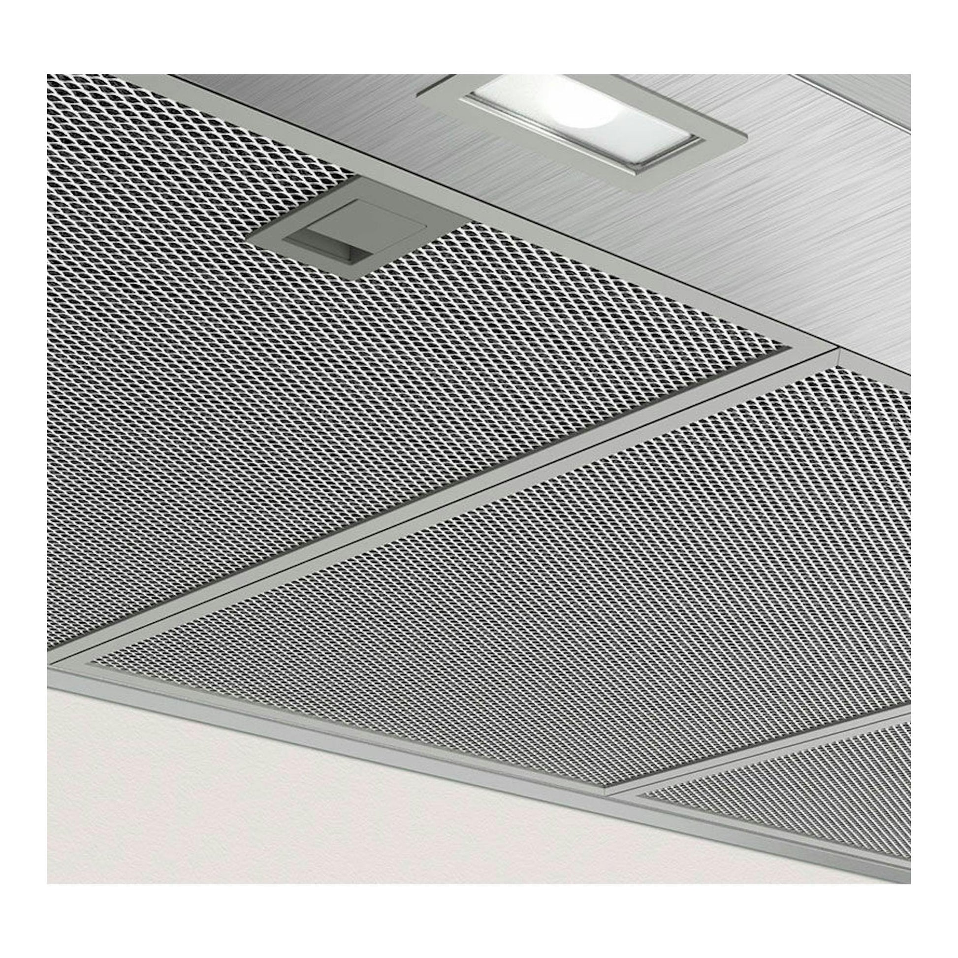 Campana decorativa Balay 3BC997GX inox, vista inferior en primer plano, con rejilla metálica y luz integrada.