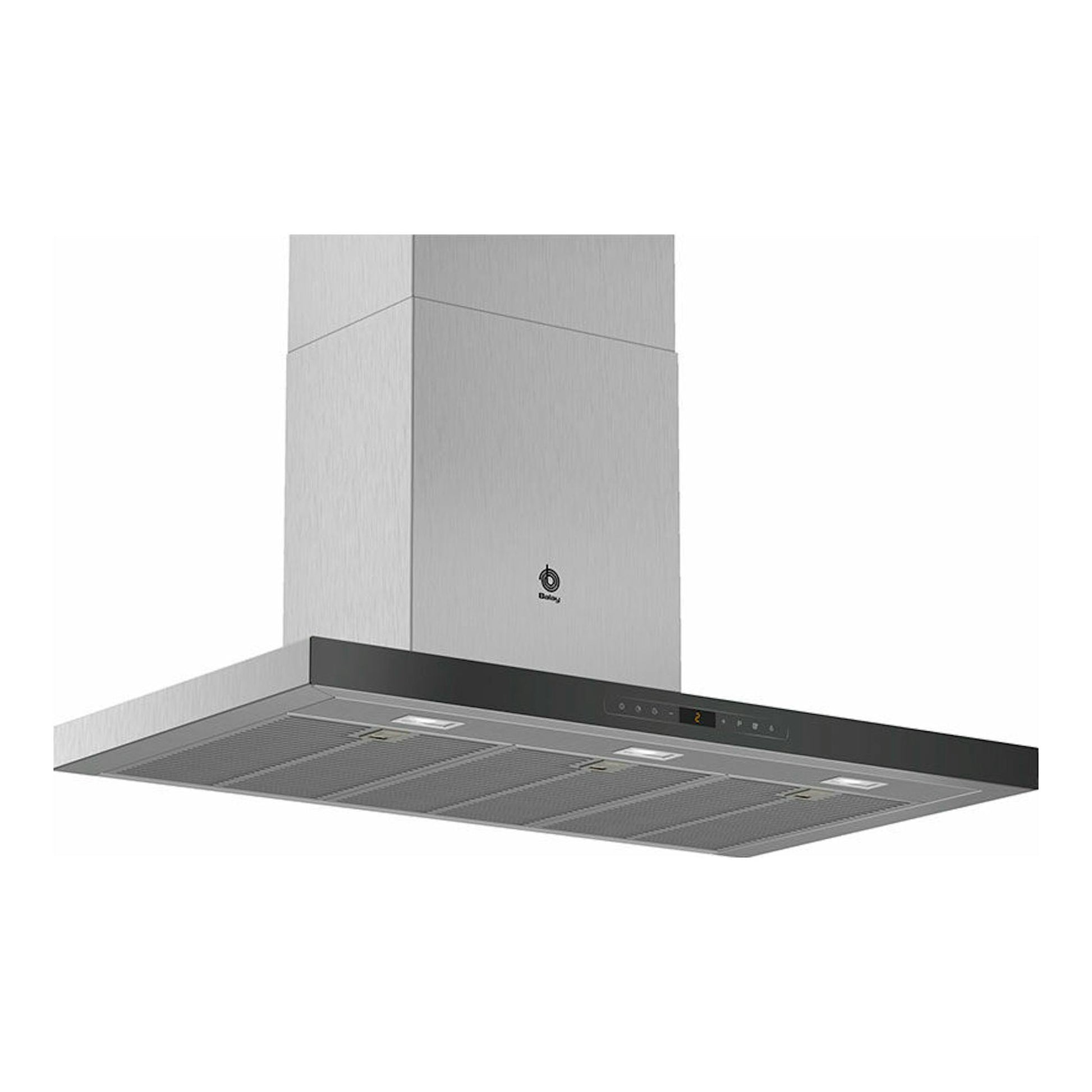 Campana decorativa Balay 3BC998HNC de pared, acero inoxidable con frontal negro, vista en ángulo.
