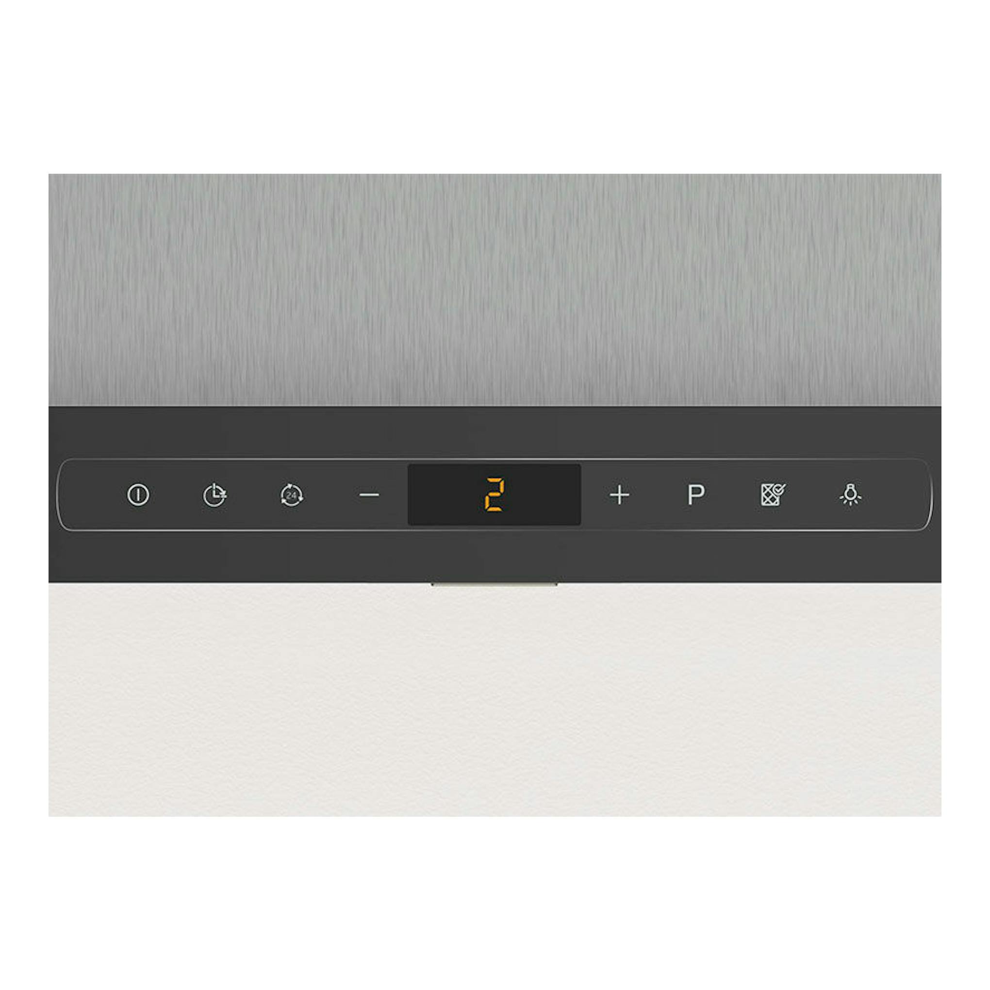 Campana decorativa Balay 3BC998HNC negra, vista frontal del panel de control con display central y acabado inox.