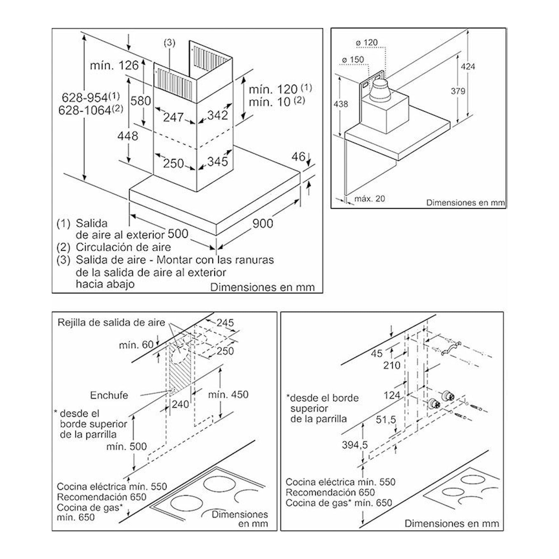 Diagrama técnico en blanco y negro de la campana decorativa Balay 3BC998HX Inox, con medidas en mm.
