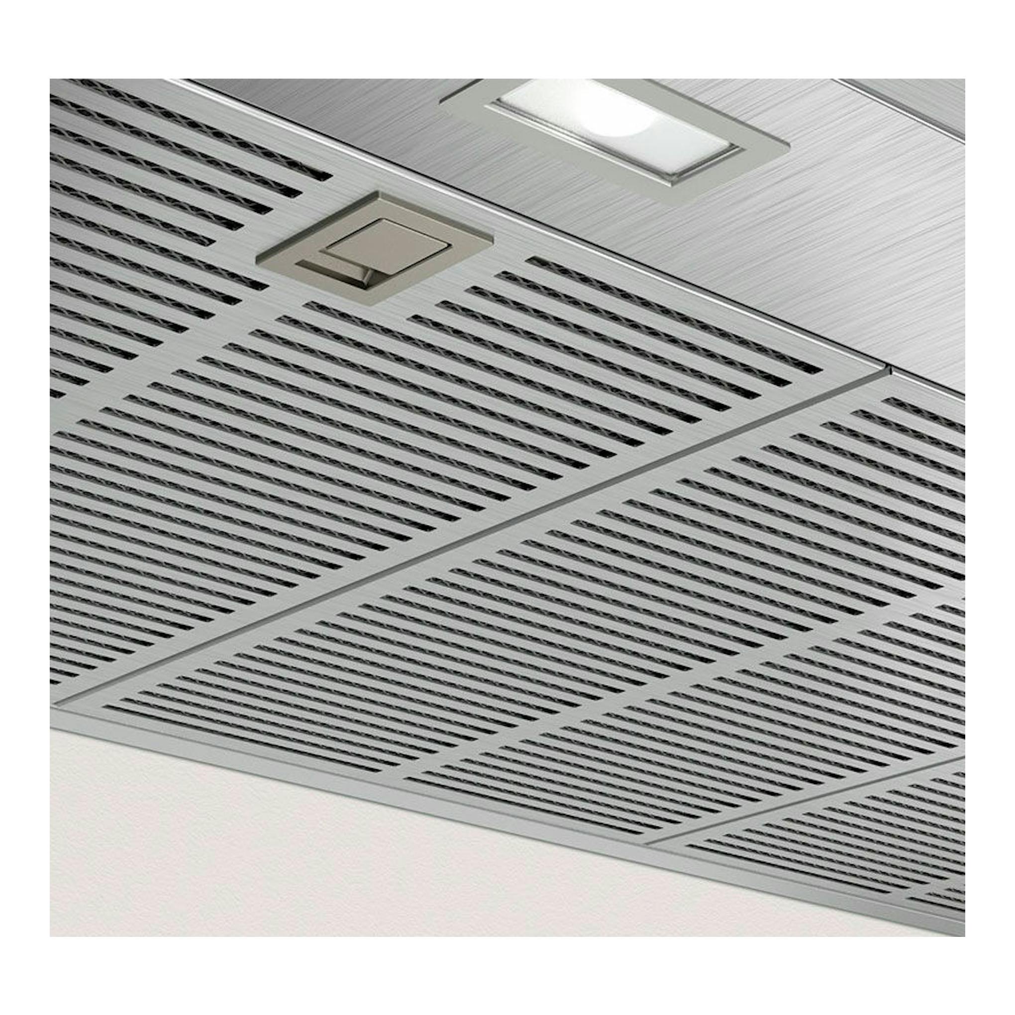 Campana extractora Balay 3BC998HX inox, vista inferior en acero inoxidable con rejillas y luz.