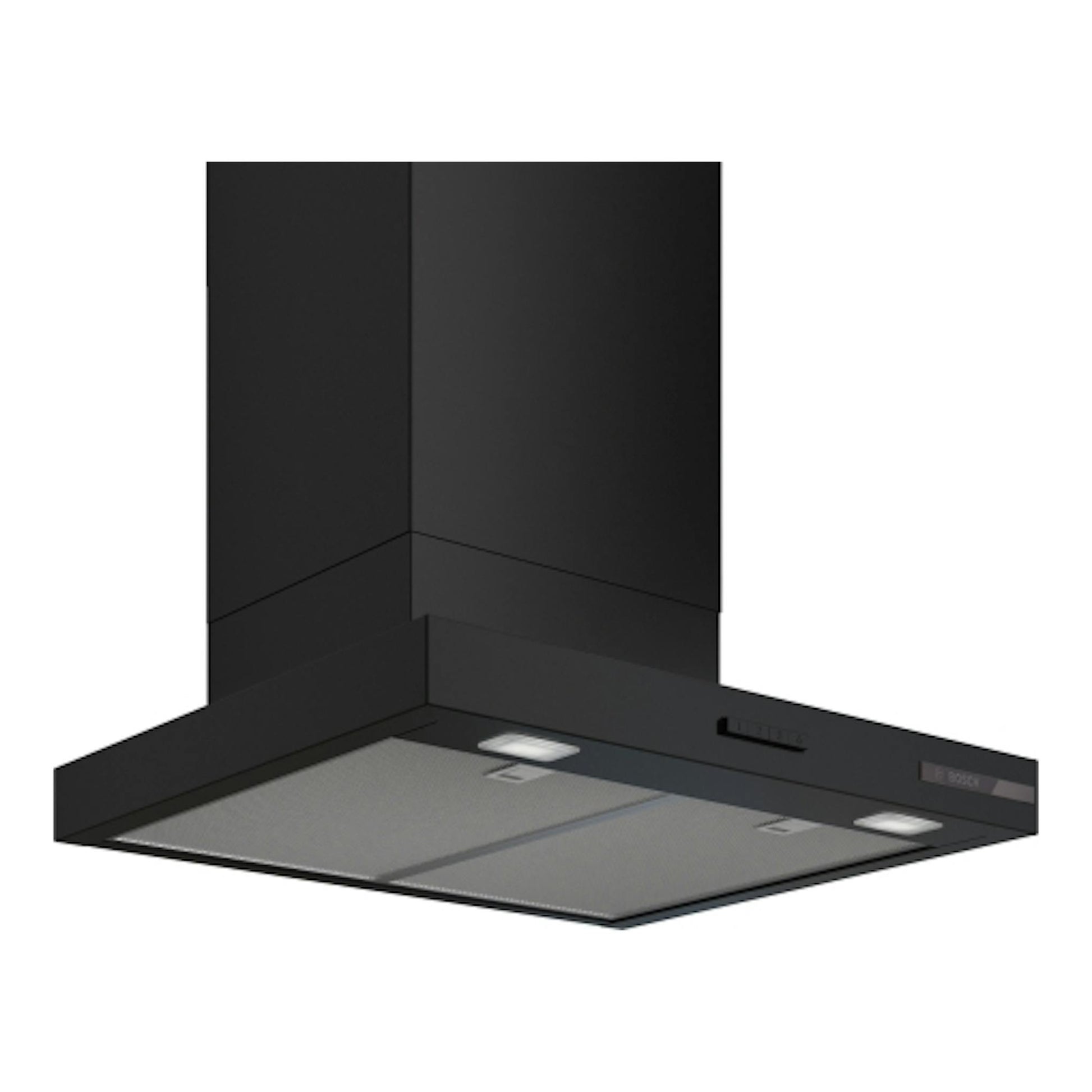 Campana extractora Bosch DWB65CC60 negra mate, vista frontal en ángulo, 60 cm.