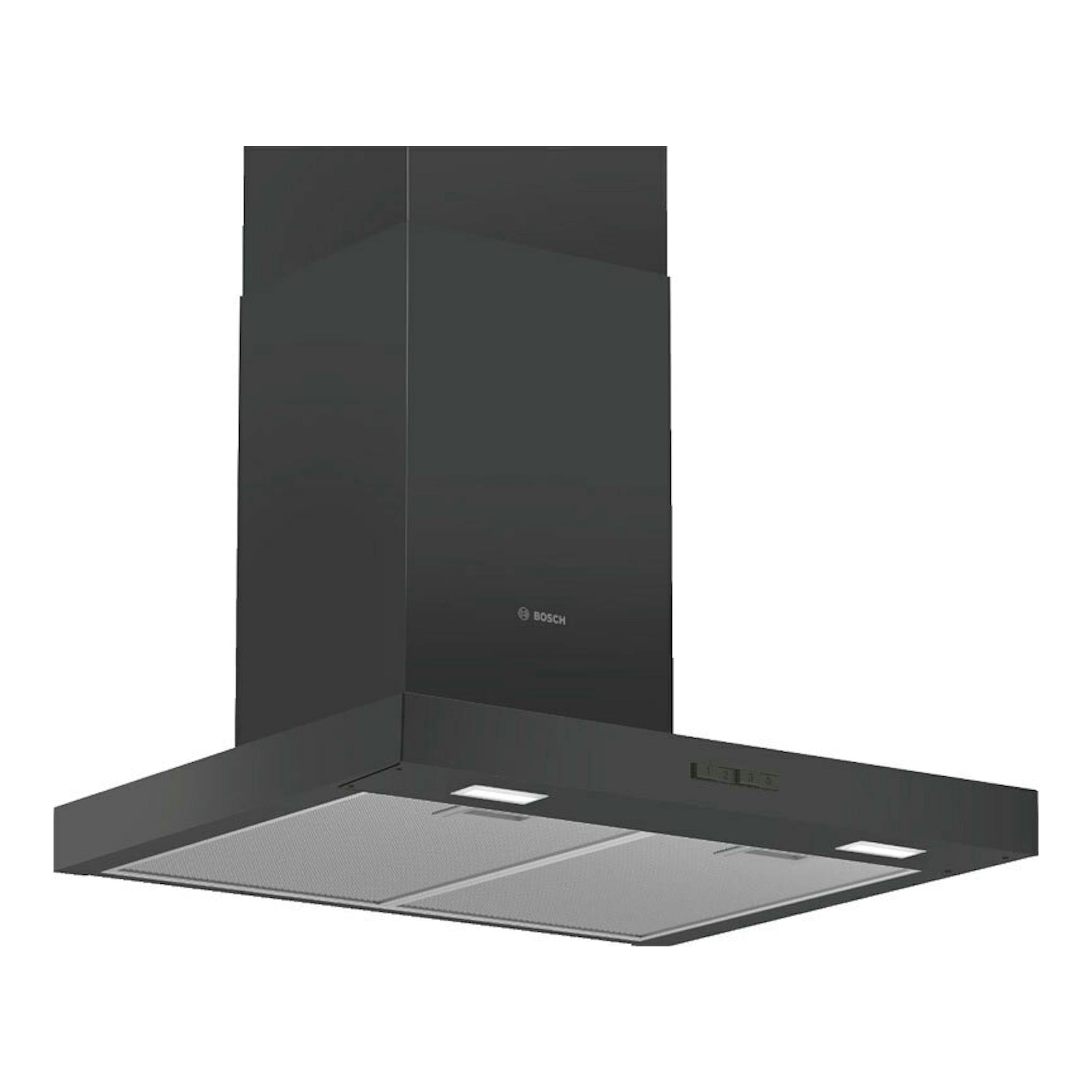 Campana decorativa Bosch DWB66BC60 negra, vista frontal en ángulo, con filtro metálico inferior.