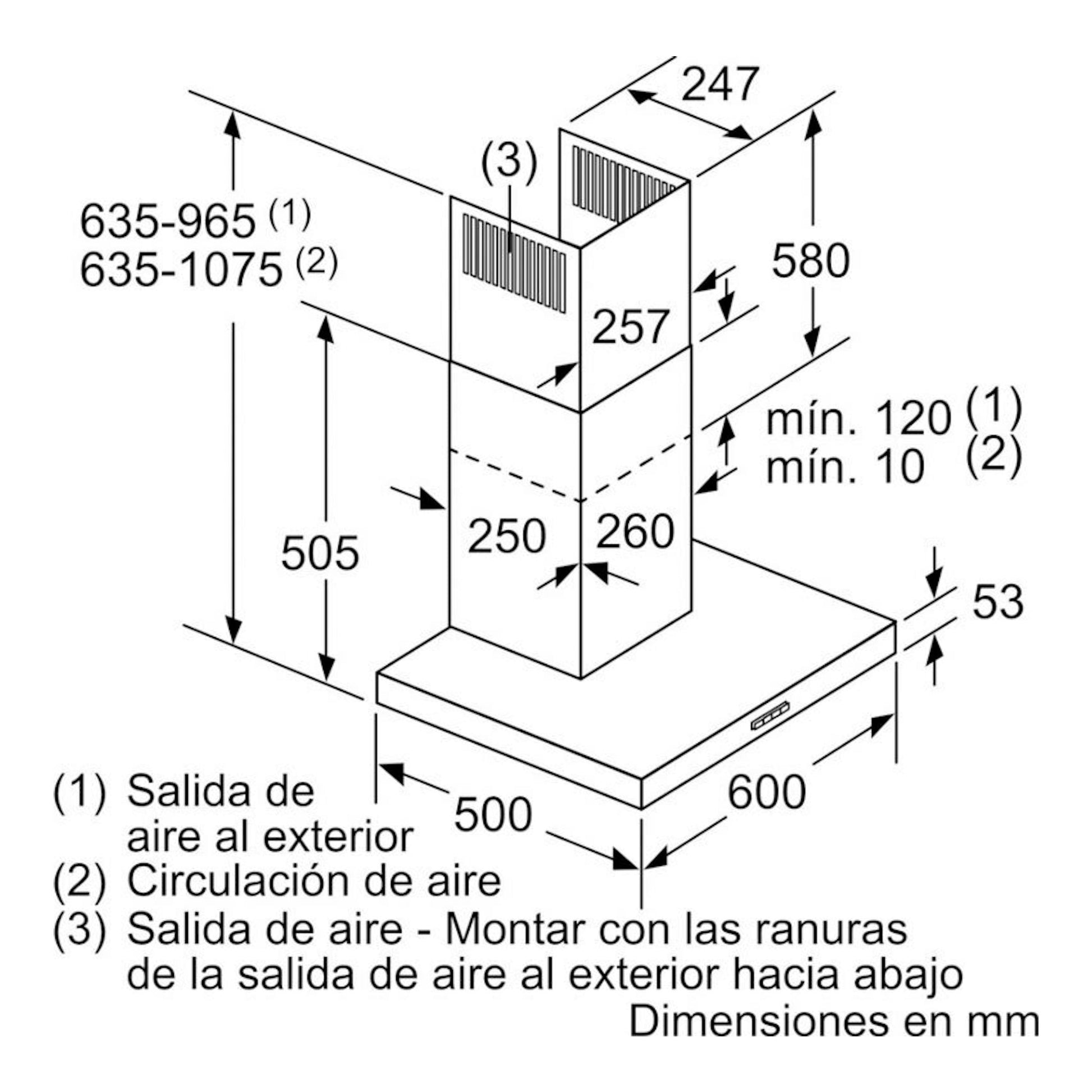 Bosch DWB66BC60, esquema técnico en blanco y negro de campana decorativa con medidas y vista frontal/lateral.