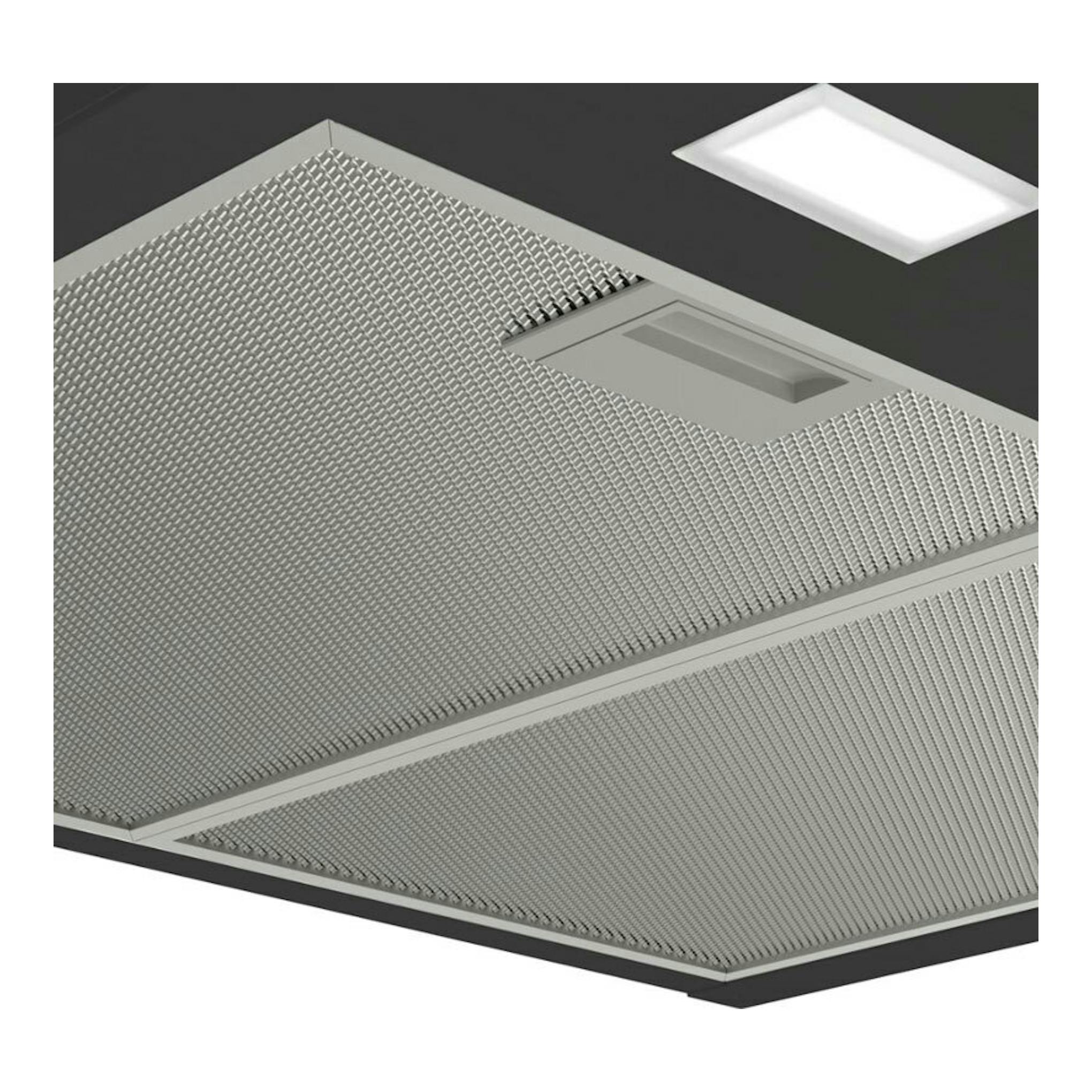 Campana decorativa Bosch DWB66BC60 negra, vista inferior en ángulo con filtros metálicos.