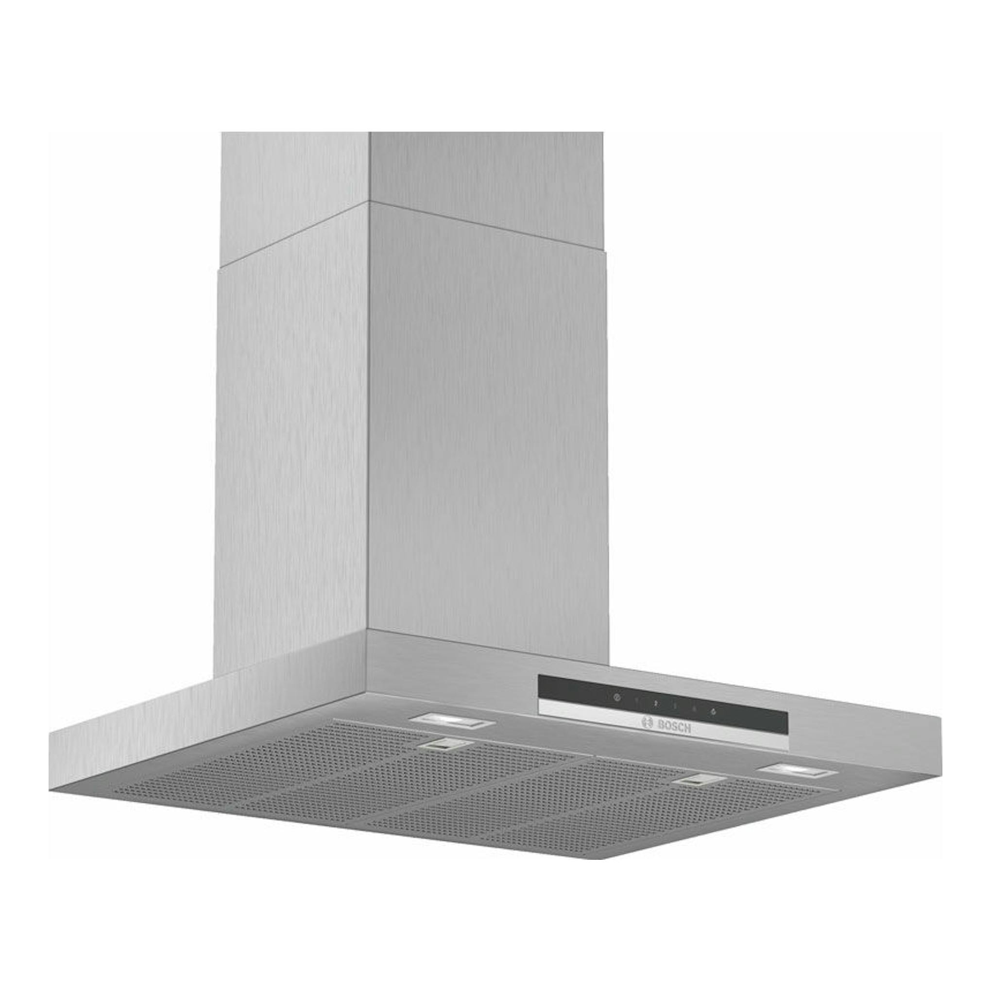 Campana decorativa Bosch DWB67IM50 inox, vista en ángulo inferior, acabado de acero inoxidable.