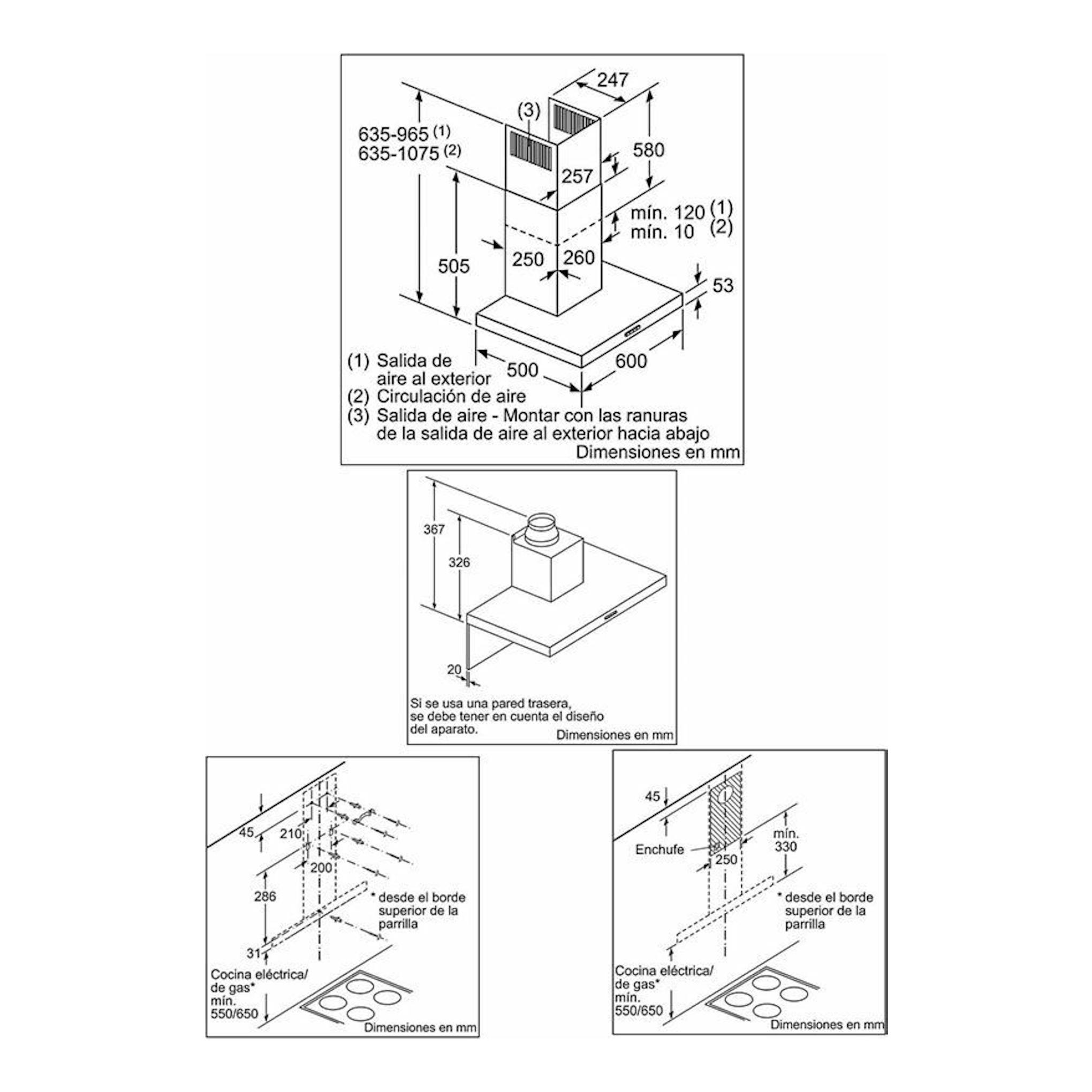 Esquema técnico de instalación de la campana decorativa Bosch DWB67IM50 Inox, con medidas en mm y vistas laterales.