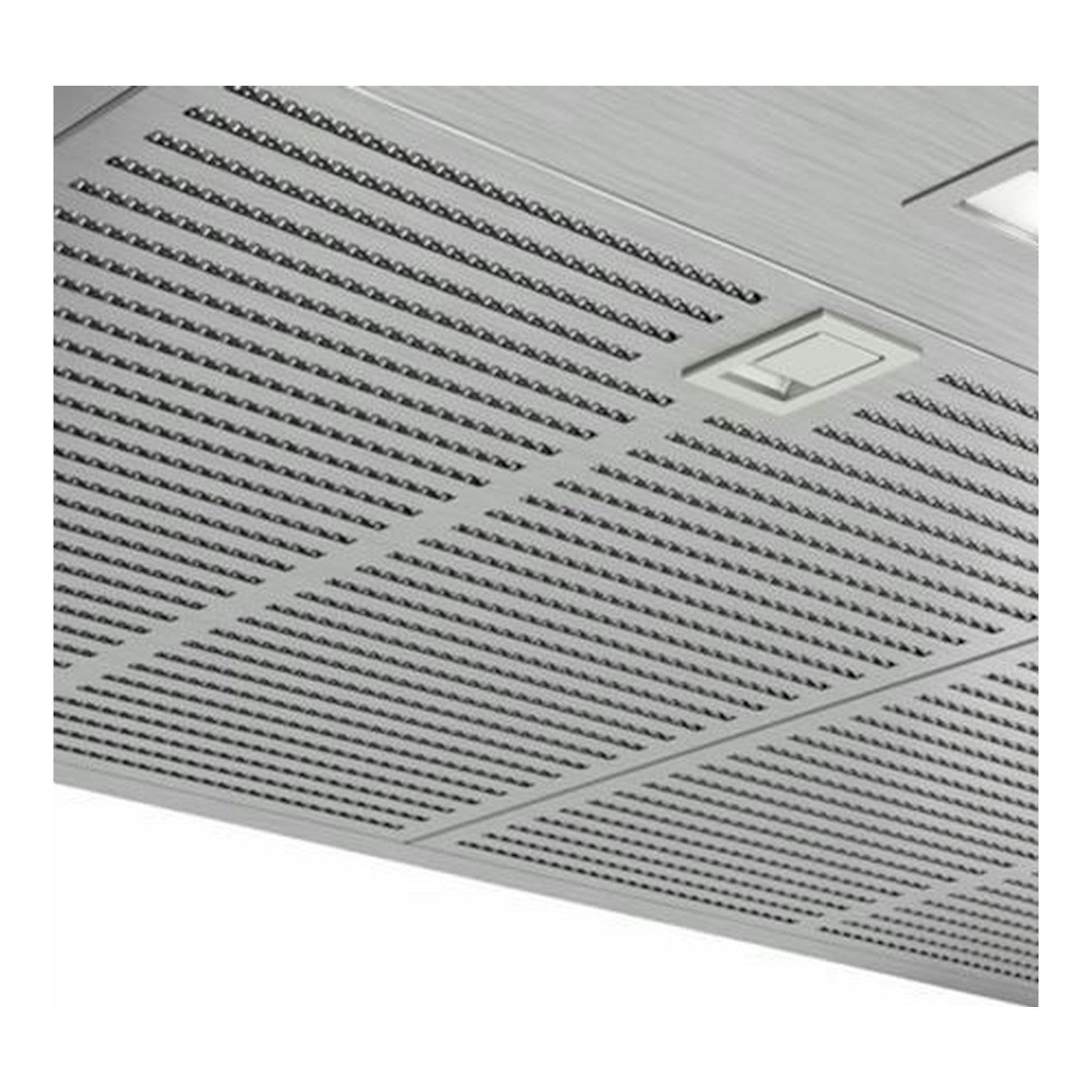 Campana decorativa Bosch DWB67IM50 inox, vista inferior en ángulo, con panel perforado metálico.