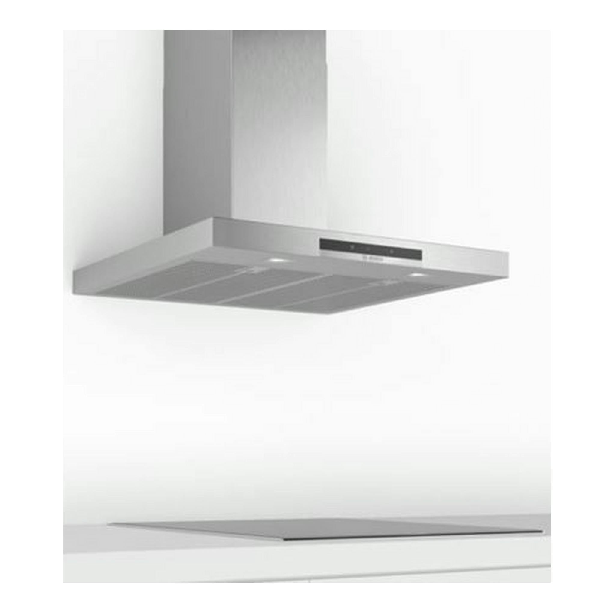 Campana decorativa Bosch DWB67IM50 de acero inoxidable, vista frontal inferior.