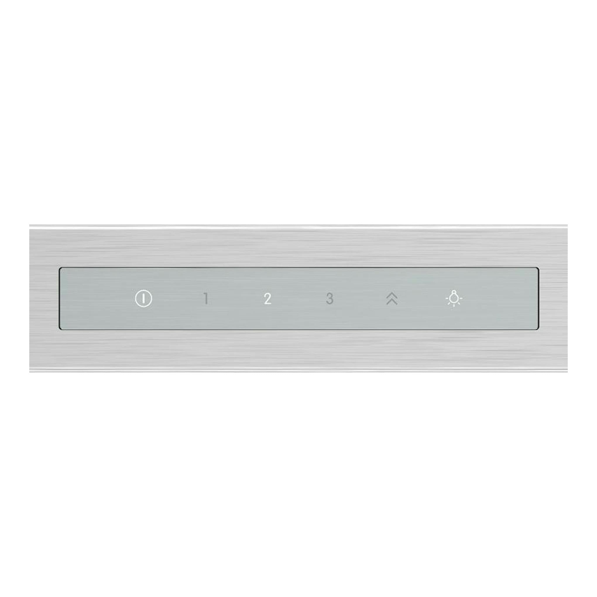 Campana extractora Bosch DWB77CM50 Inox, primer plano del panel táctil en acero inoxidable.