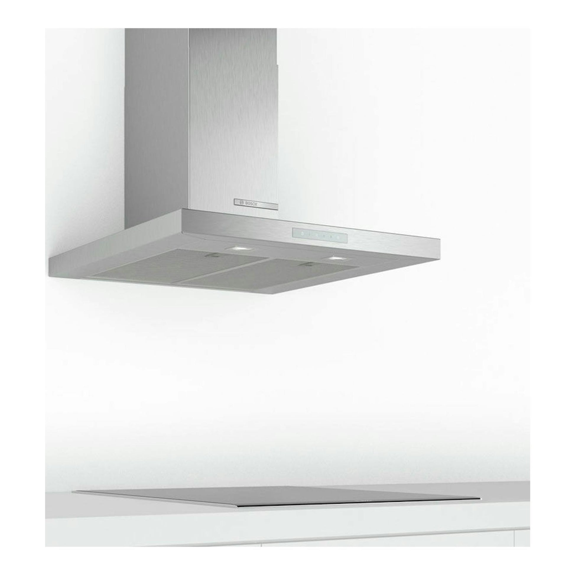 Campana decorativa Bosch DWB77CM50 en acero inoxidable, vista frontal inferior, sobre una placa.