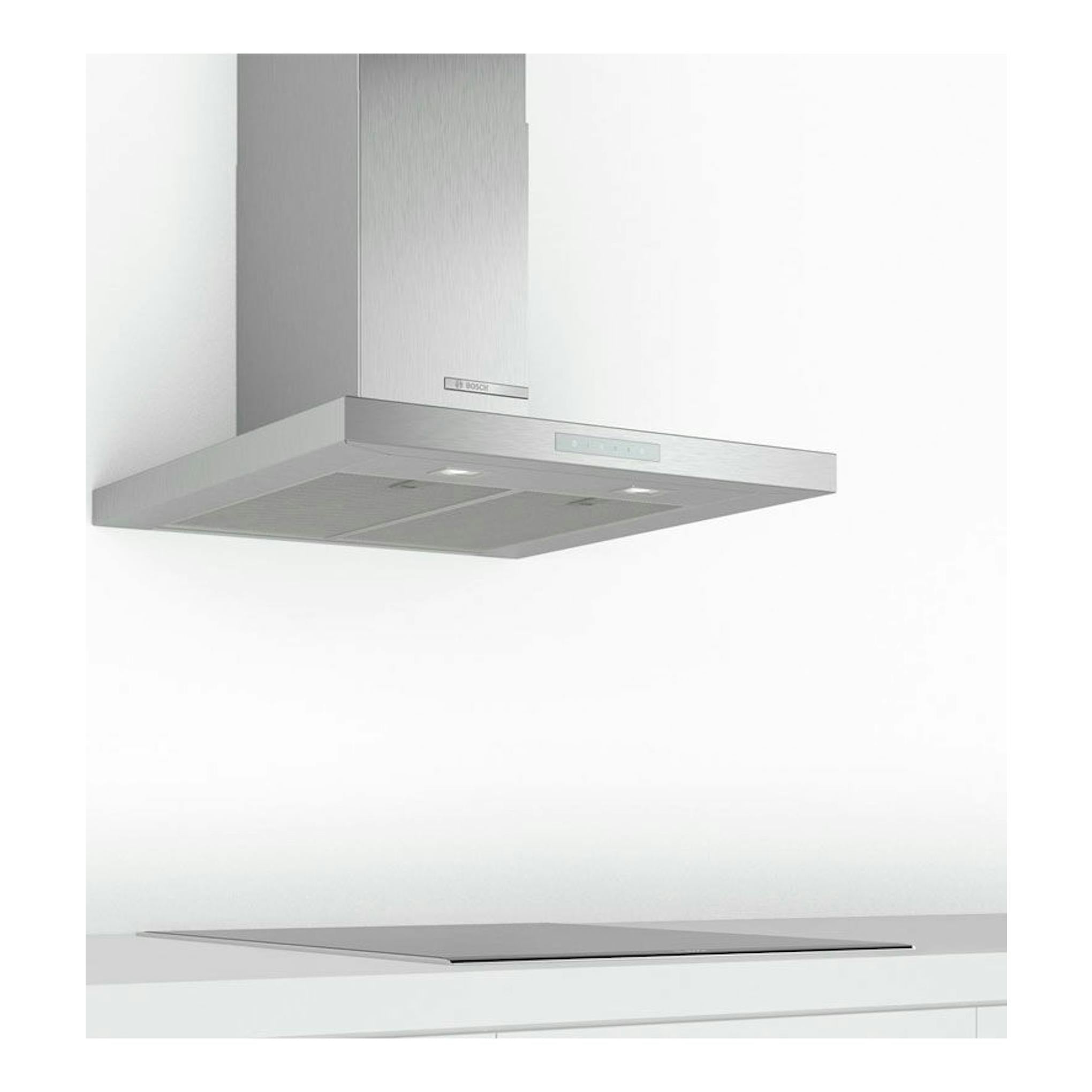 Campana decorativa Bosch DWB77CM50 en acero inoxidable, vista frontal inferior, sobre una placa.