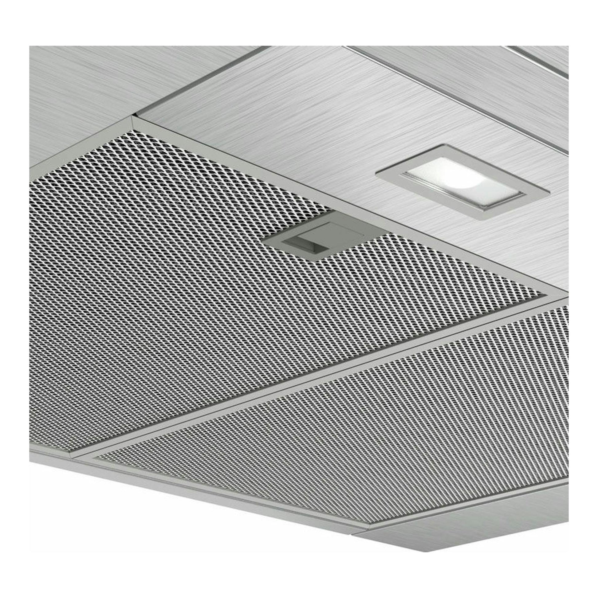 Campana extractora Bosch DWB77CM50 de inox, vista inferior con filtros metálicos y luz integrada.