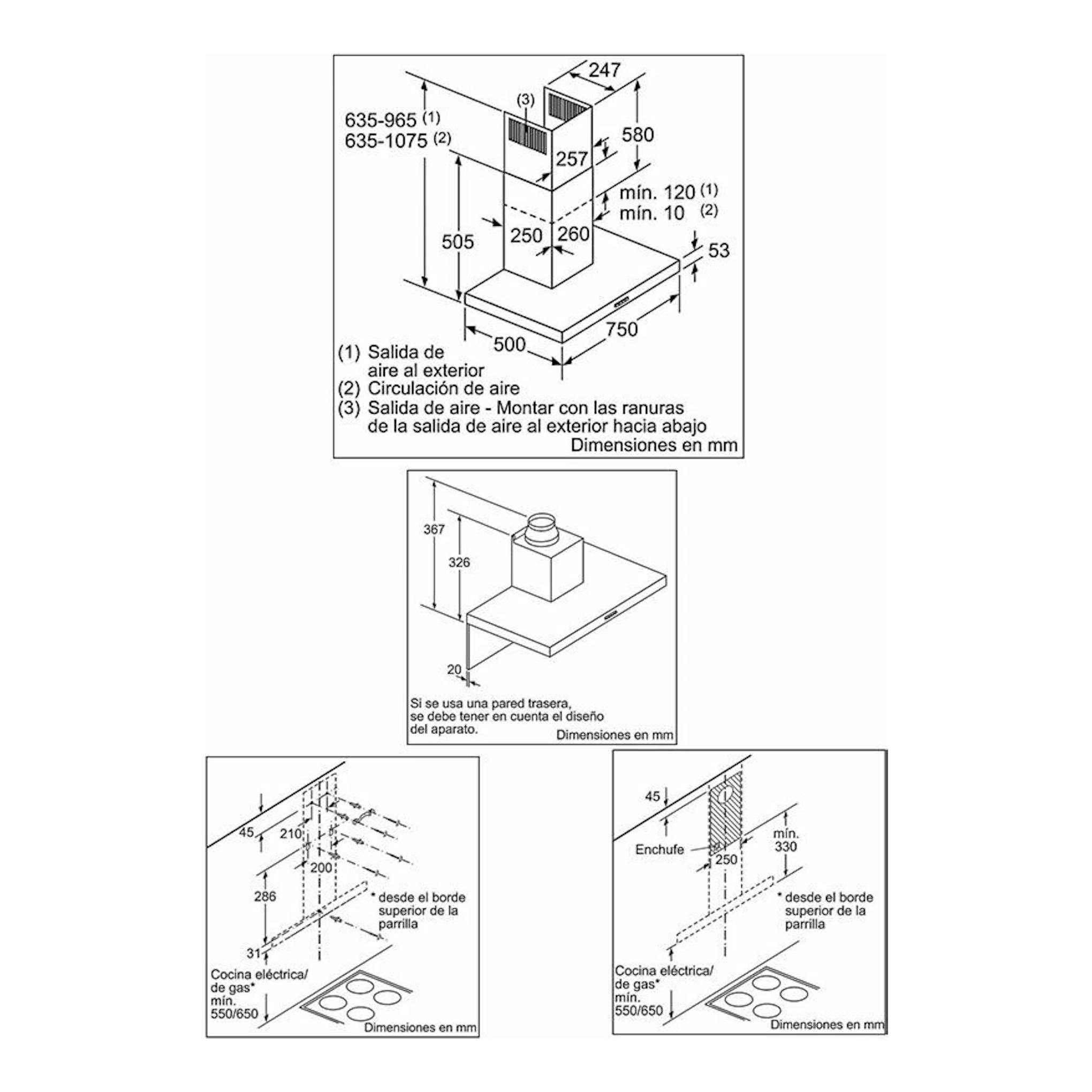 Bosch DWB77IM50 inox: esquema técnico con medidas de instalación de una campana decorativa, vista en perspectiva.