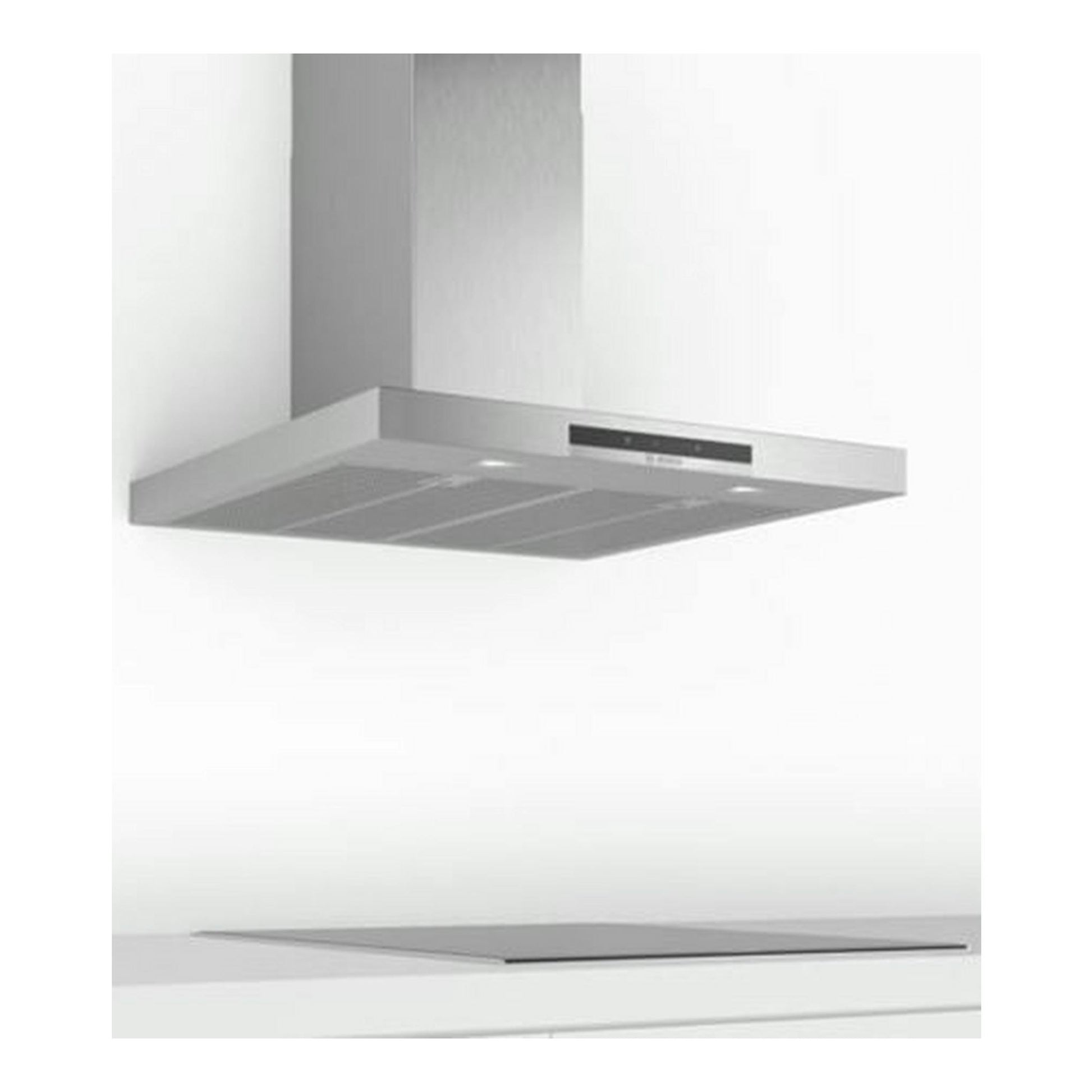 Campana decorativa Bosch DWB77IM50 en inox, vista frontal ligeramente inferior, suspendida sobre una encimera.