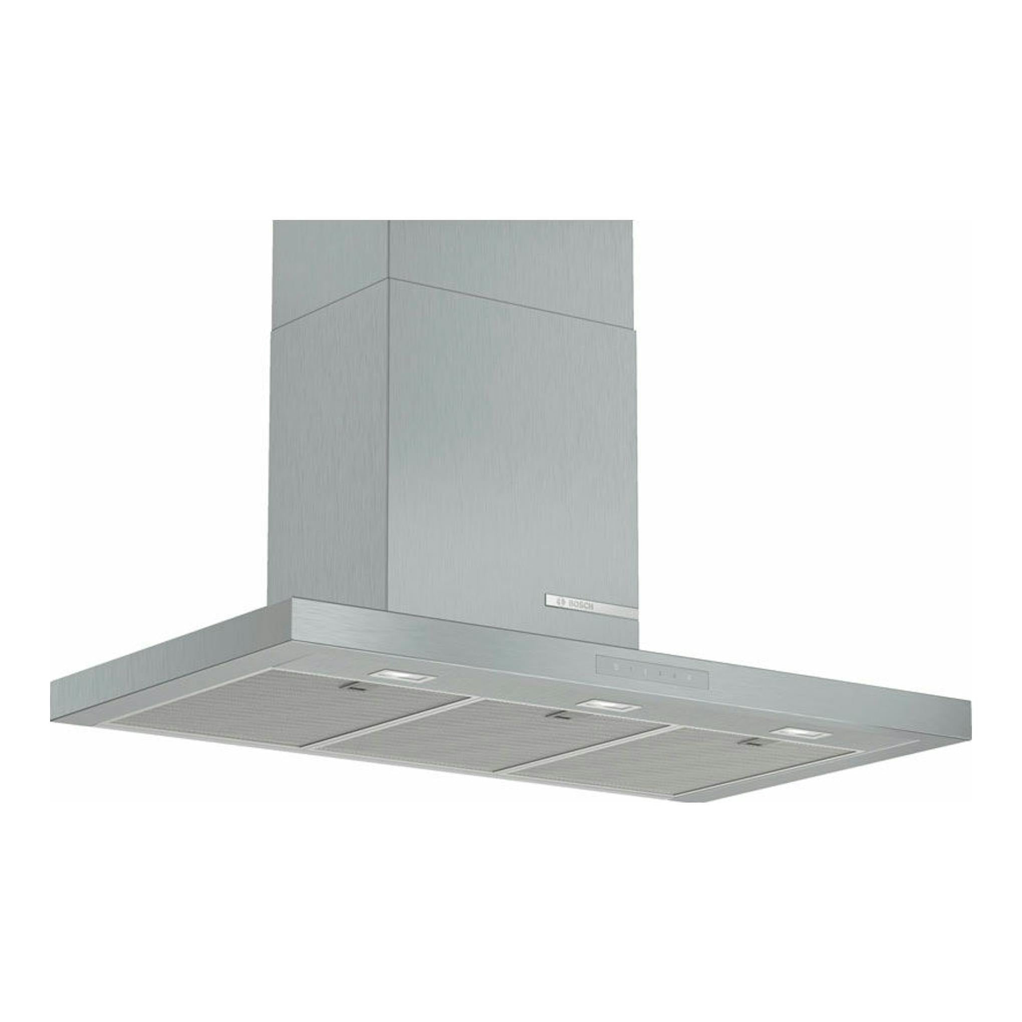 Campana decorativa Bosch DWB97CM50 de acero inoxidable, vista frontal inclinada.