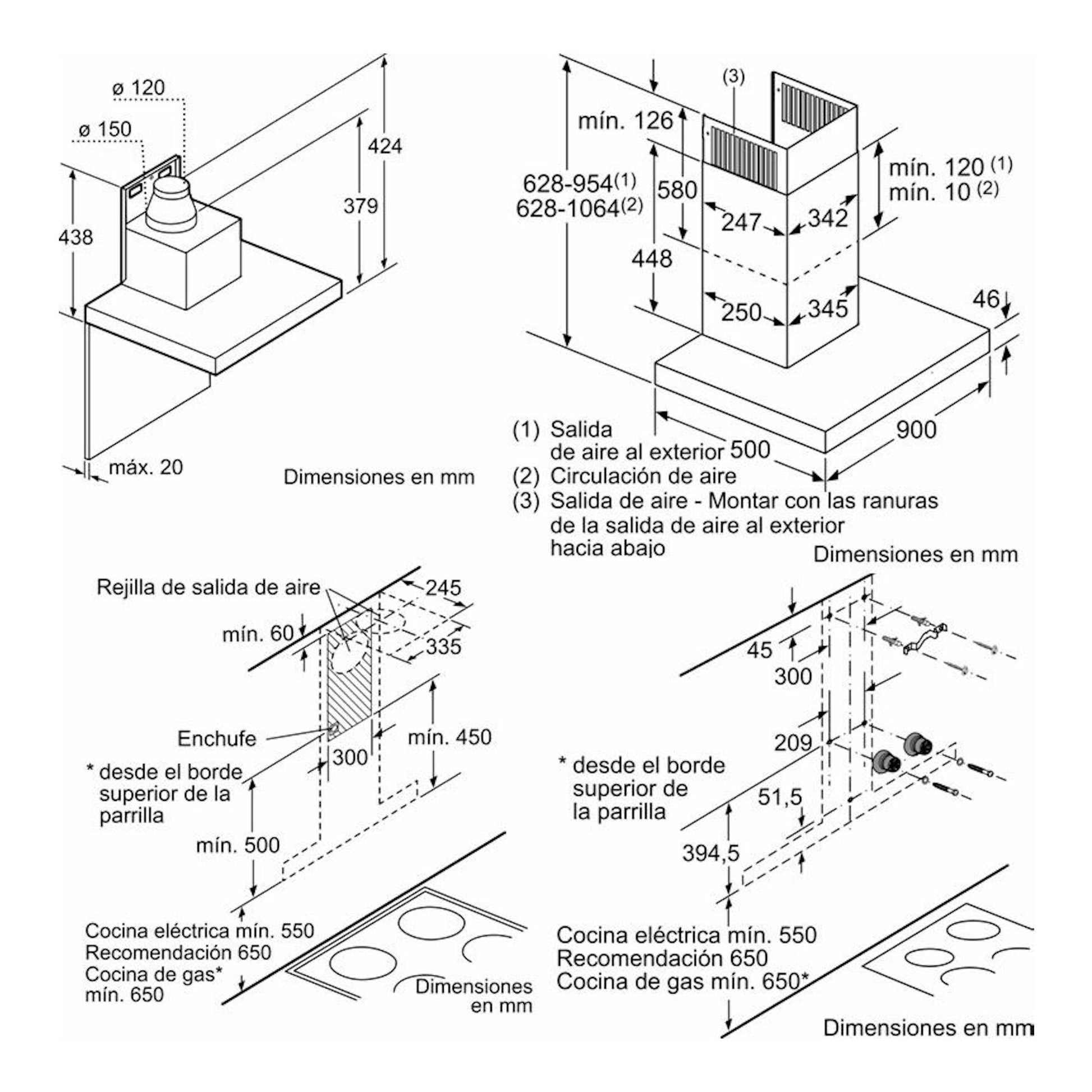 Bosch DWB97CM50 inox: esquema técnico de instalación de campana decorativa con medidas en mm.
