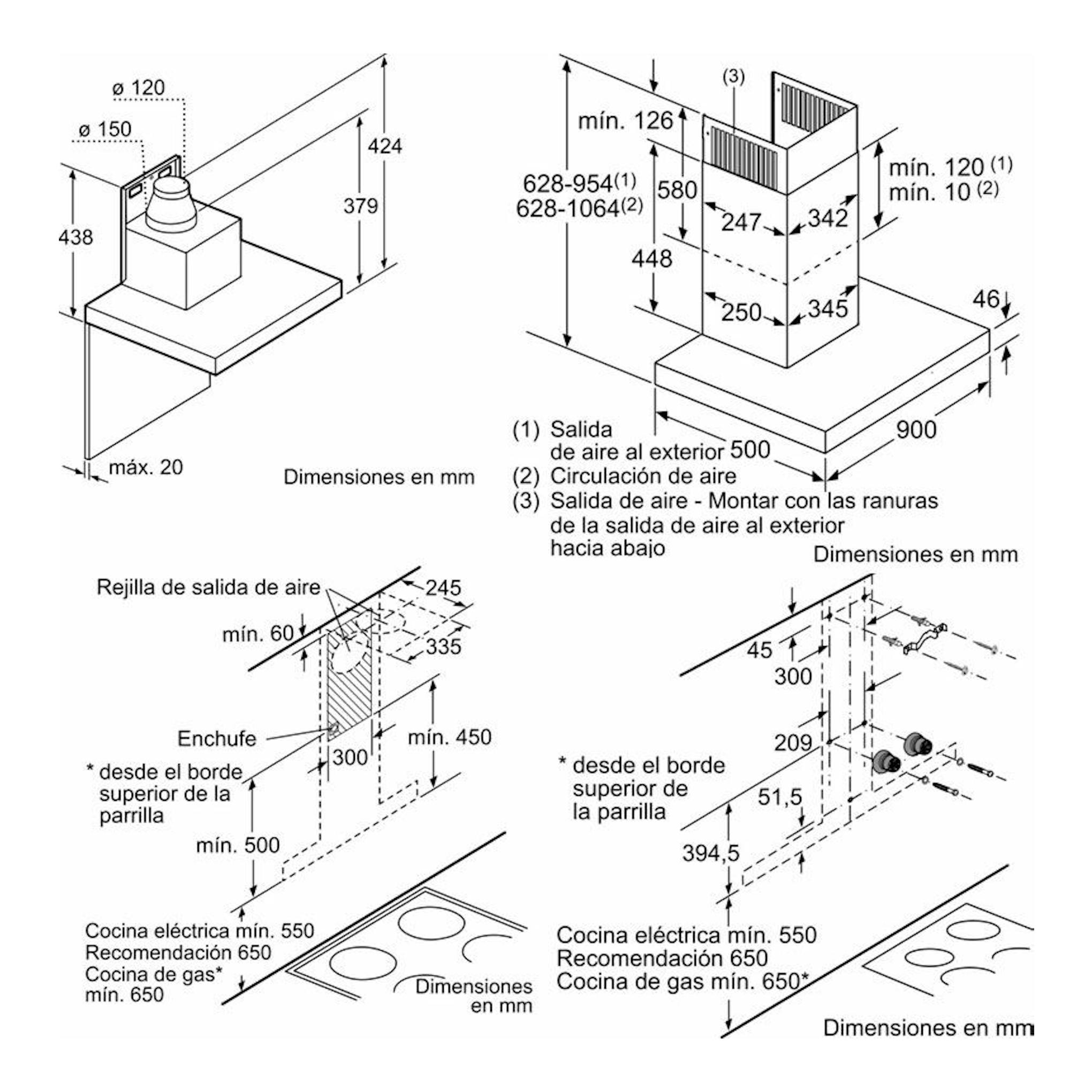 Bosch DWB97CM50 inox: esquema técnico de instalación de campana decorativa con medidas en mm.