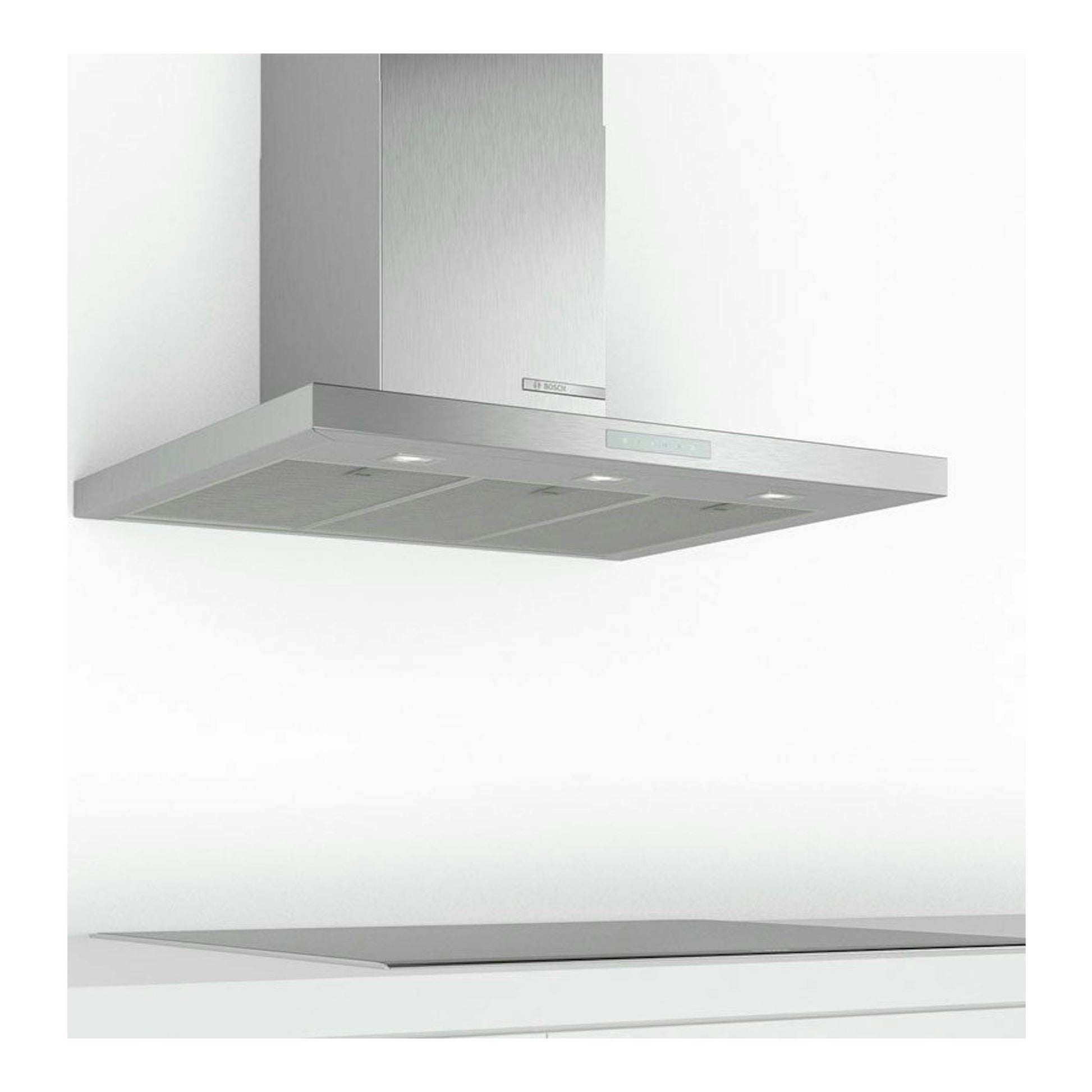 Campana extractora decorativa Bosch DWB97CM50 en acero inoxidable, vista frontal inclinada.