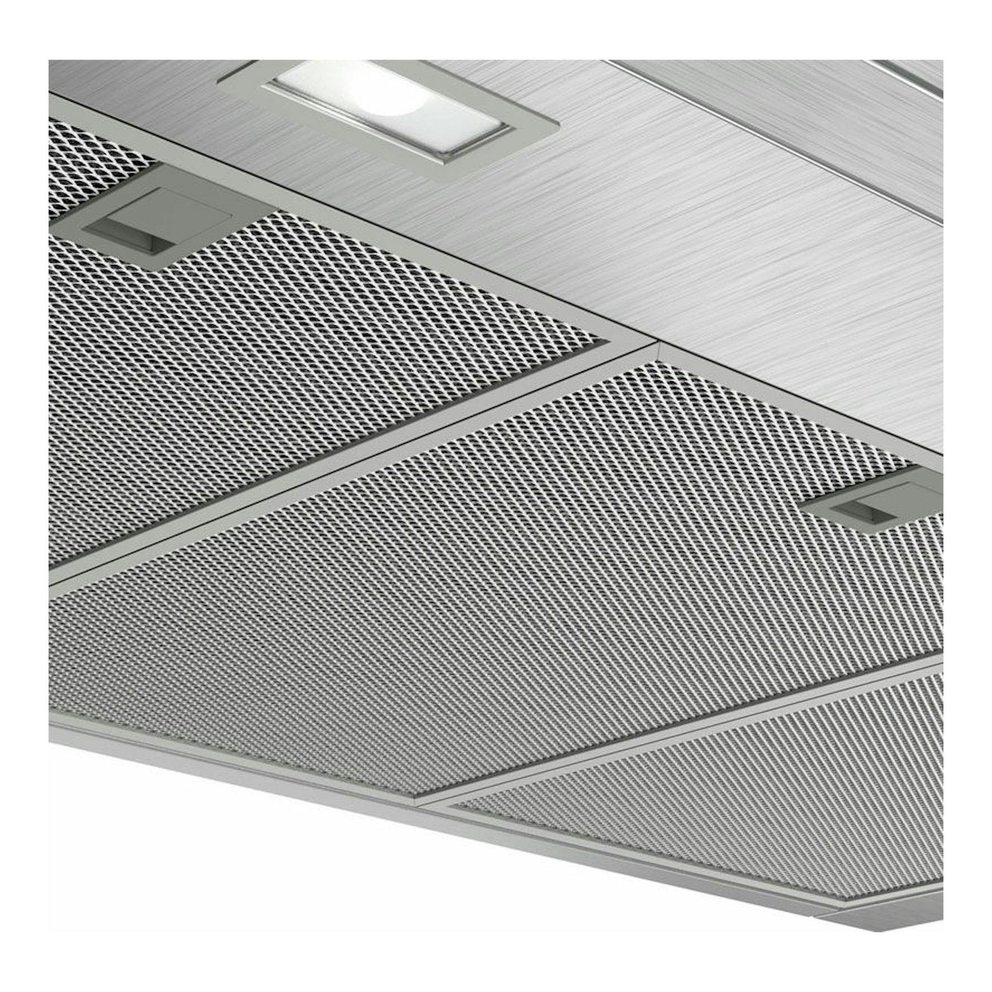 Campana decorativa Bosch DWB97CM50 inox, vista inferior en acero inoxidable con filtros metálicos.