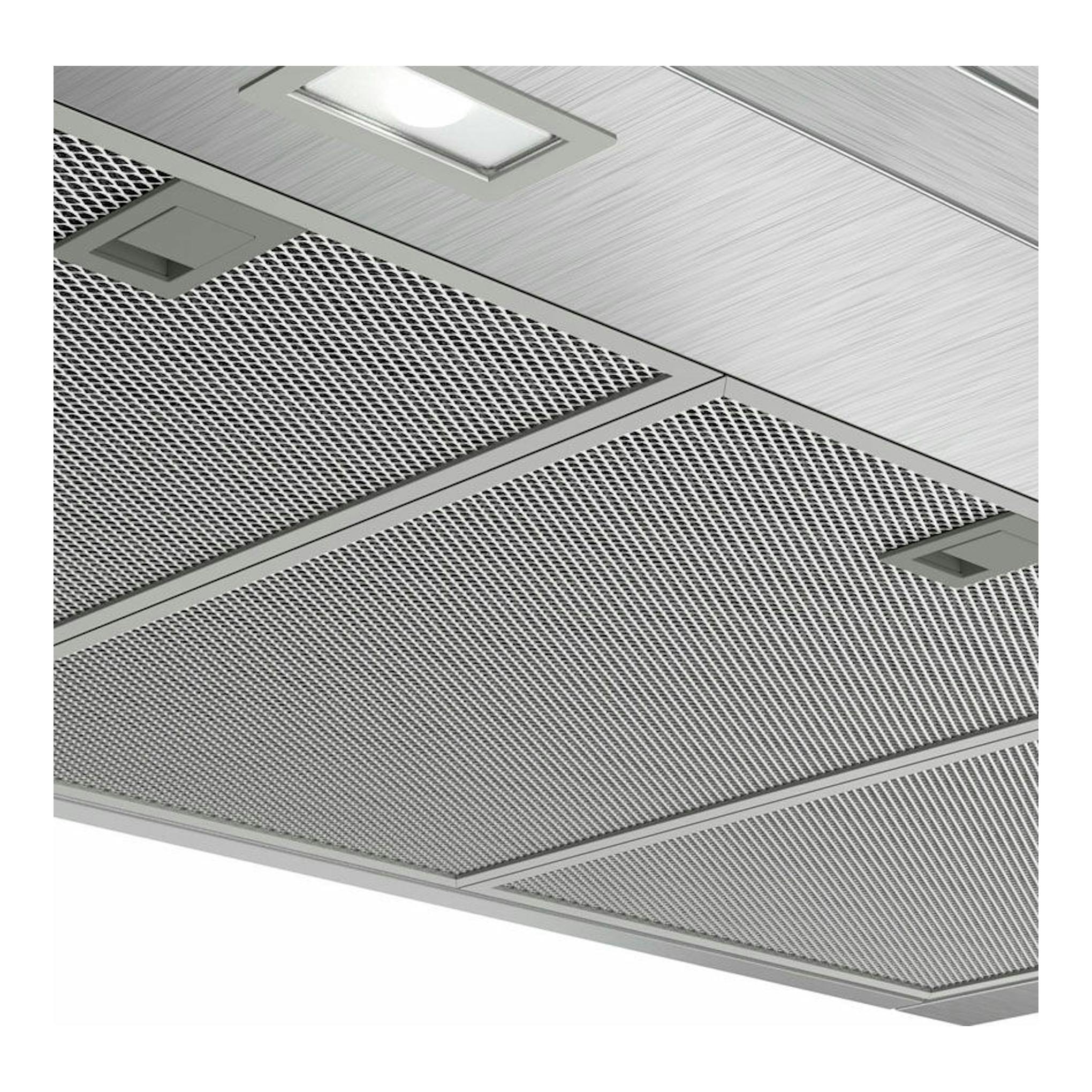 Campana decorativa Bosch DWB97CM50 inox, vista inferior en acero inoxidable con filtros metálicos.