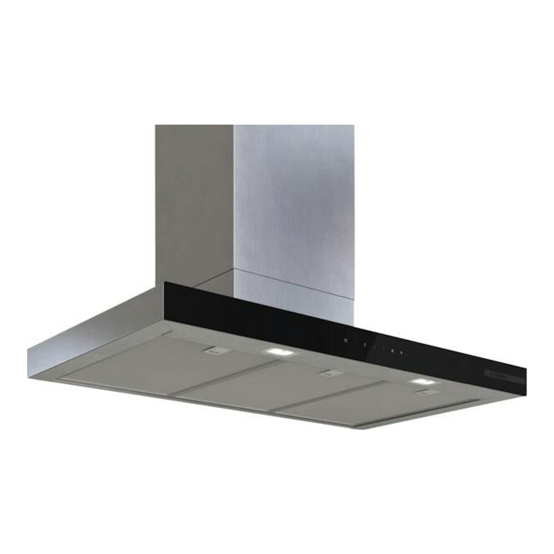 Campana decorativa Bosch DWB97DN30 de inox, vista inferior en ángulo con chimenea vertical.