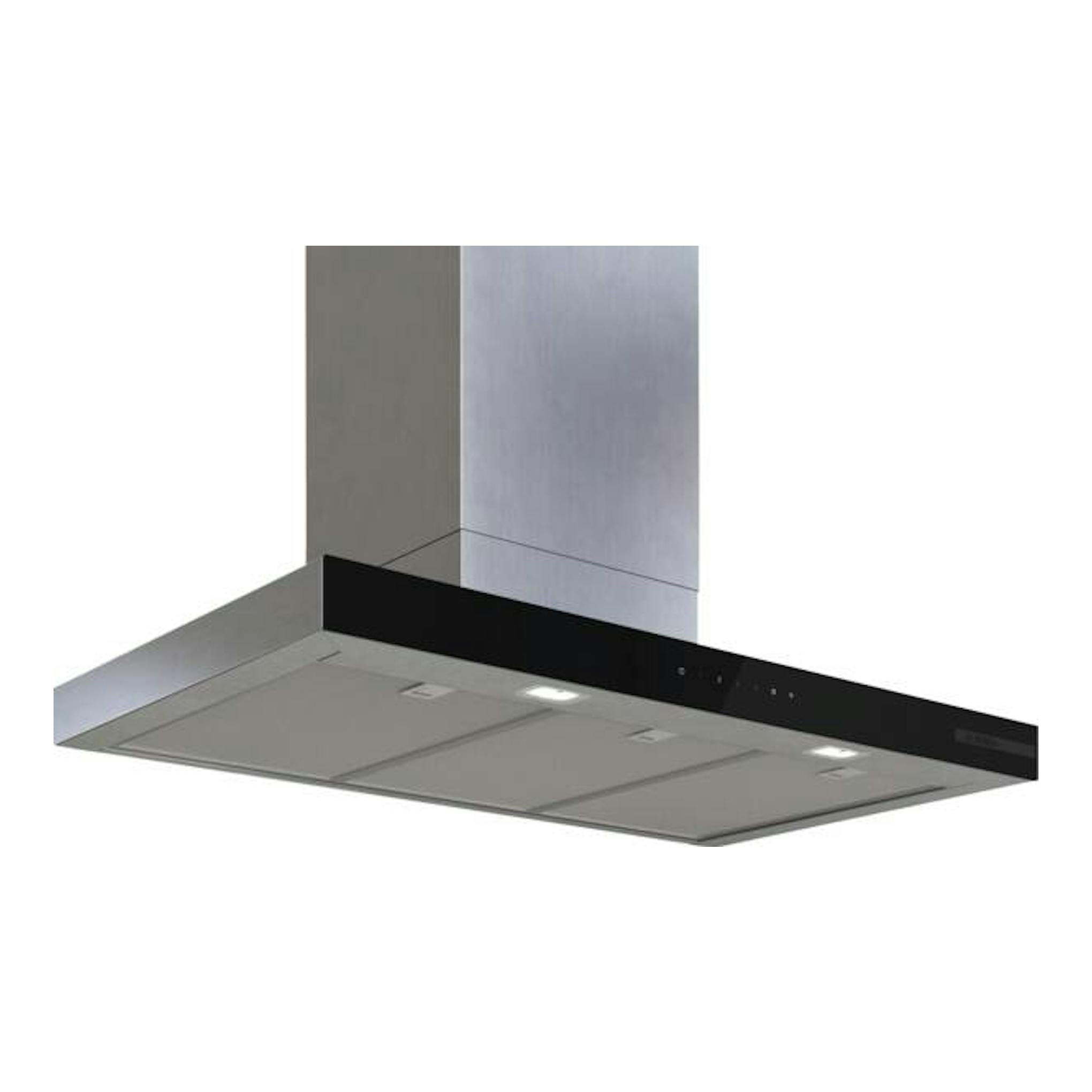 Campana decorativa Bosch DWB97DN30 de inox, vista inferior en ángulo con chimenea vertical.
